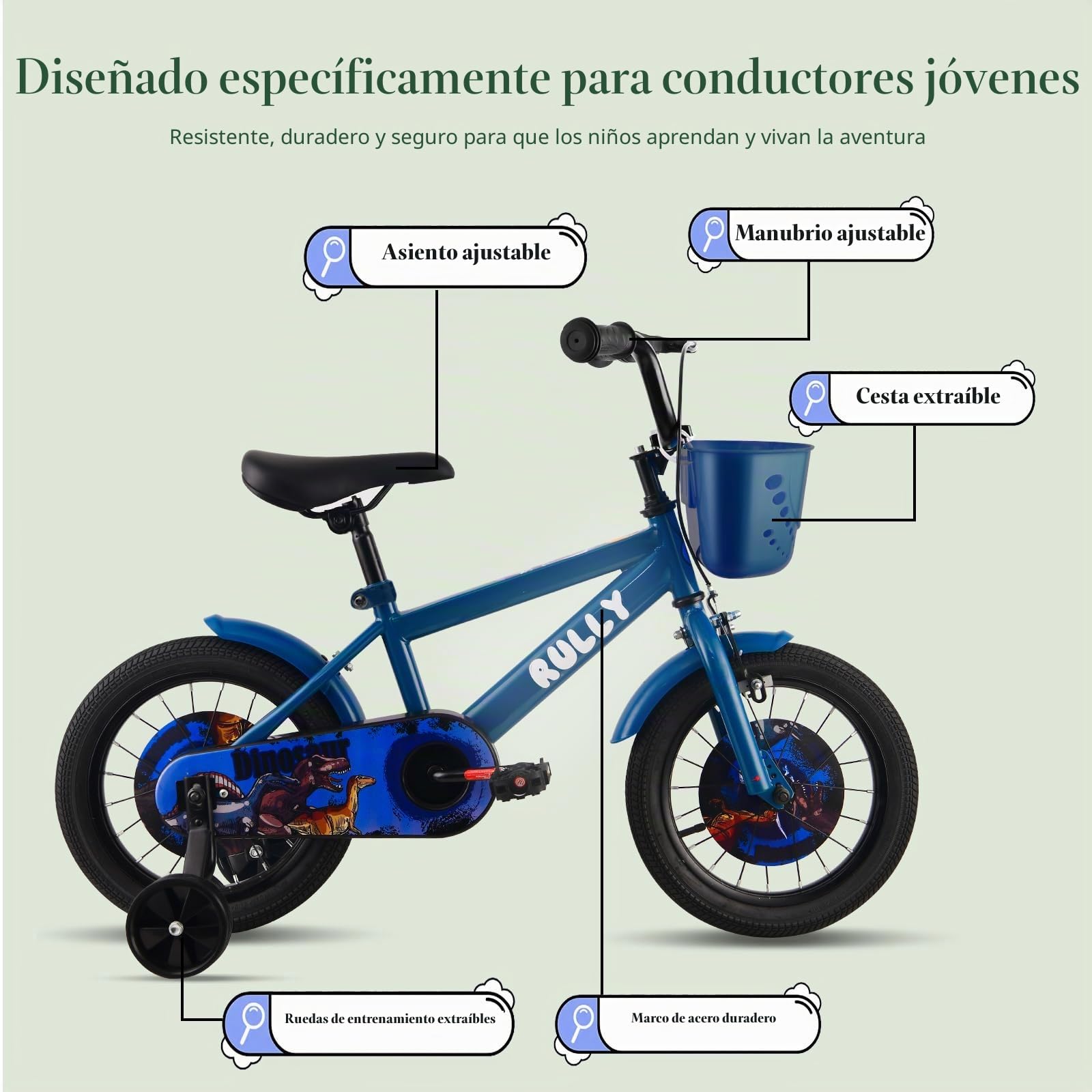 RULLY Dinosaurio Bicicleta para Niños de 2 a 7 Años – Bicicleta Infantil BMX de 12, 14, 16 Pulgadas con Ruedas de Entrenamiento – Bicicleta para Pequeños