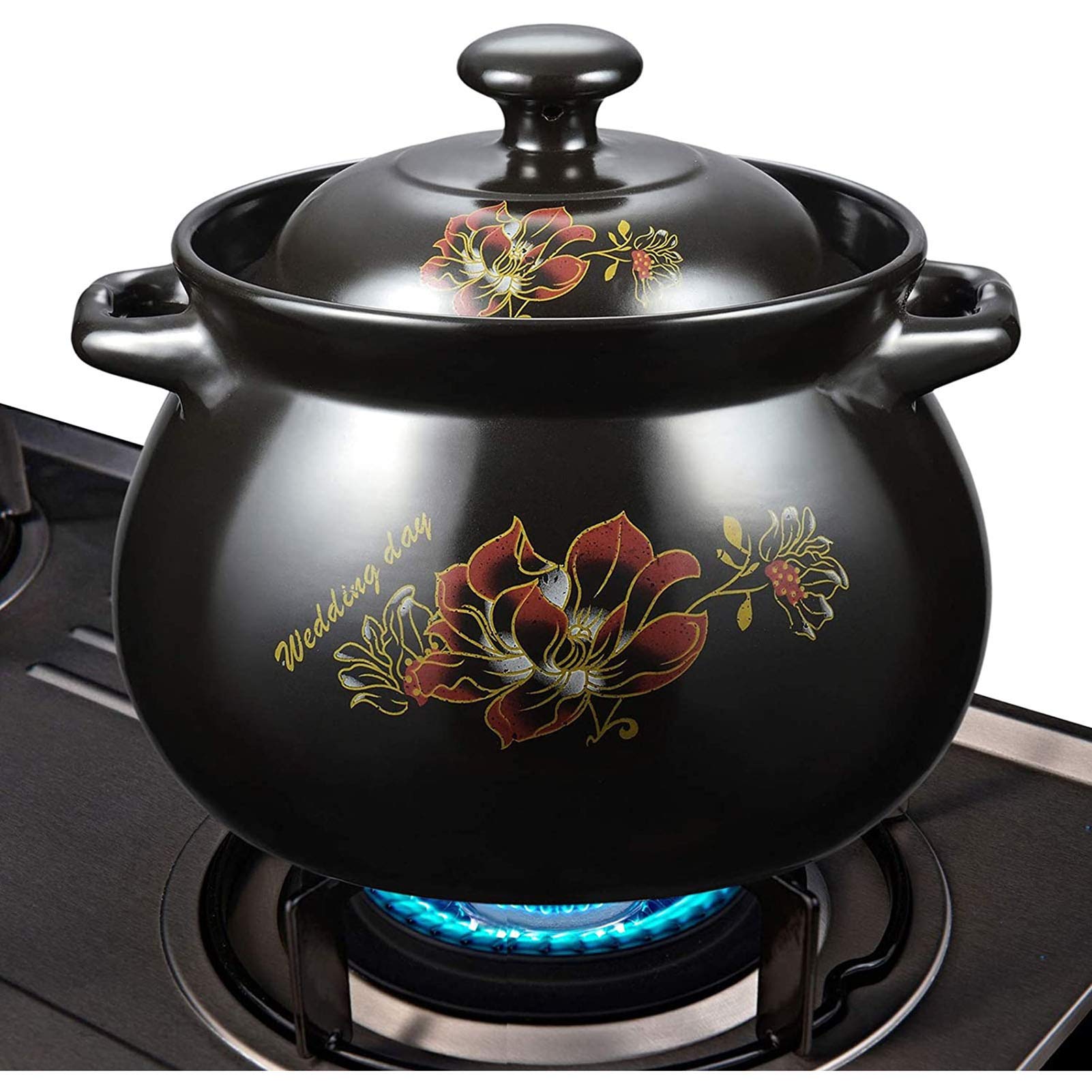 Potes De Cocina De Arcilla, Plato De Cazuela Redondo Con Tapa, Ollas De Barro Para Cocinar, Stockpot Para Guisos, Sopa, Vapor,Negro,5.5L