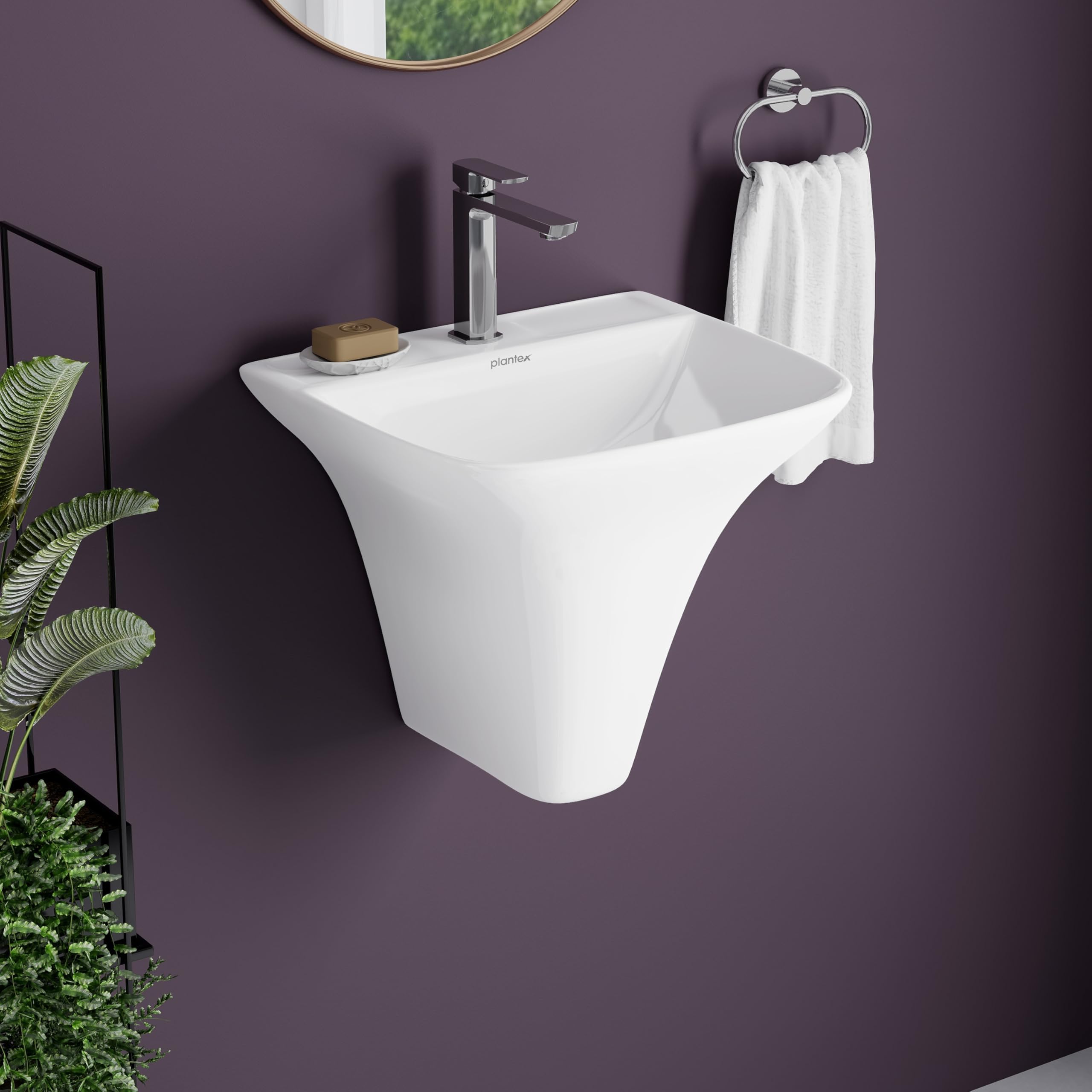Plantex Wash Basin/Ceramic Wall Hung Half Pedestal Washbasin with 10 Years Glaze Warranty by Plantex/Wall Mount Basin for Bathroom/Office/Hotels (White - 16 x 14 x 14 Inch)