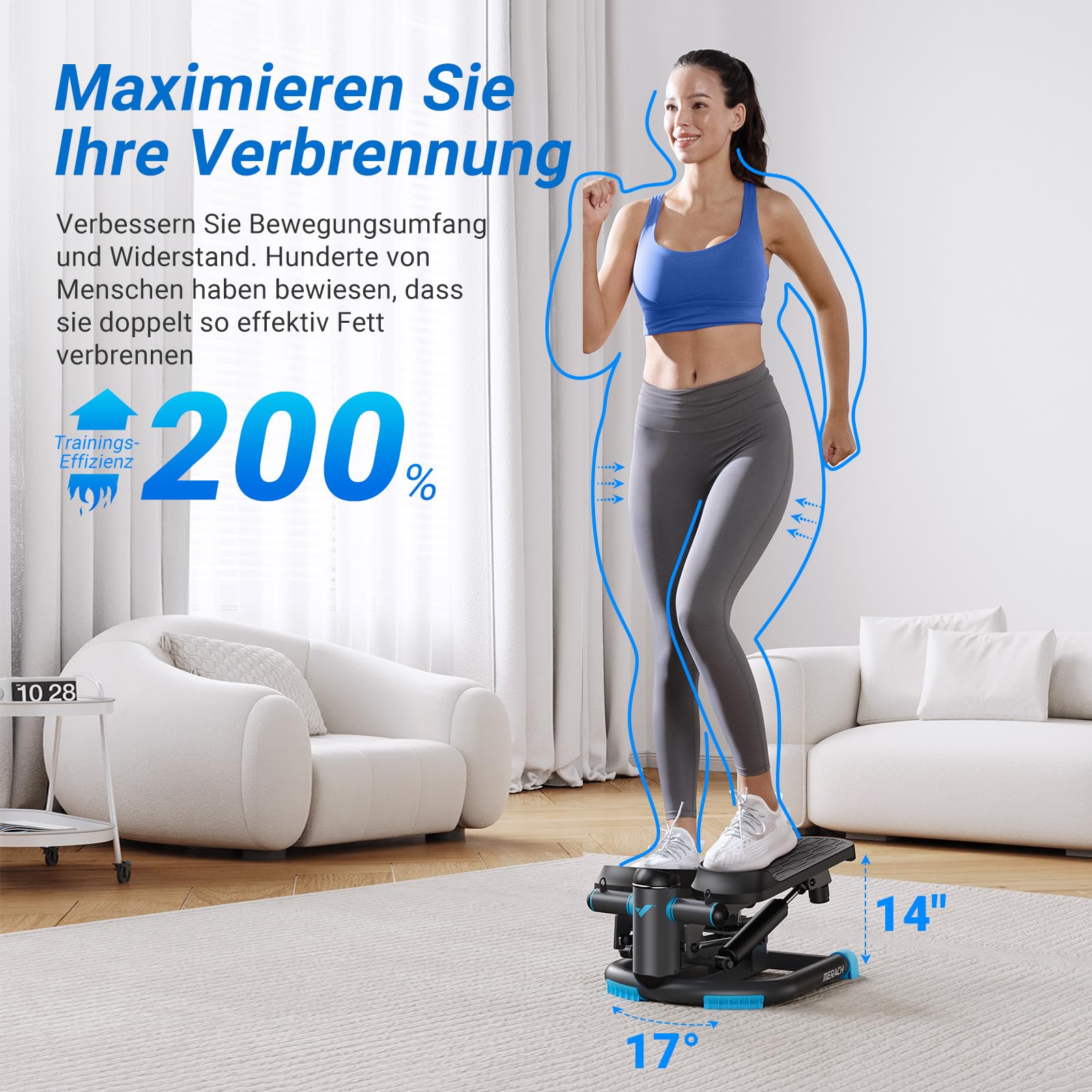MERACH Mini Stepper Fitness 2 in 1 für zu Hause, leise Twister 150 kg mit LCD-Display und Widerstandsbändern, für Training von Beinen, Armen und Gesäß