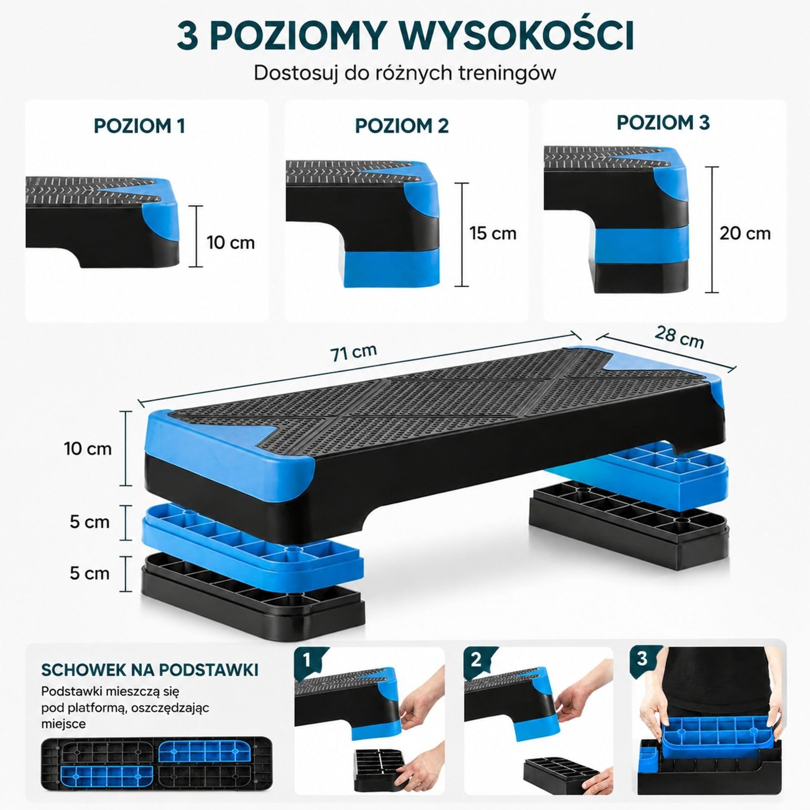Regulowany step do aerobiku z PP, niebiesko-czarny podest do ćwiczeń w domu, cardio i treningu siłowego