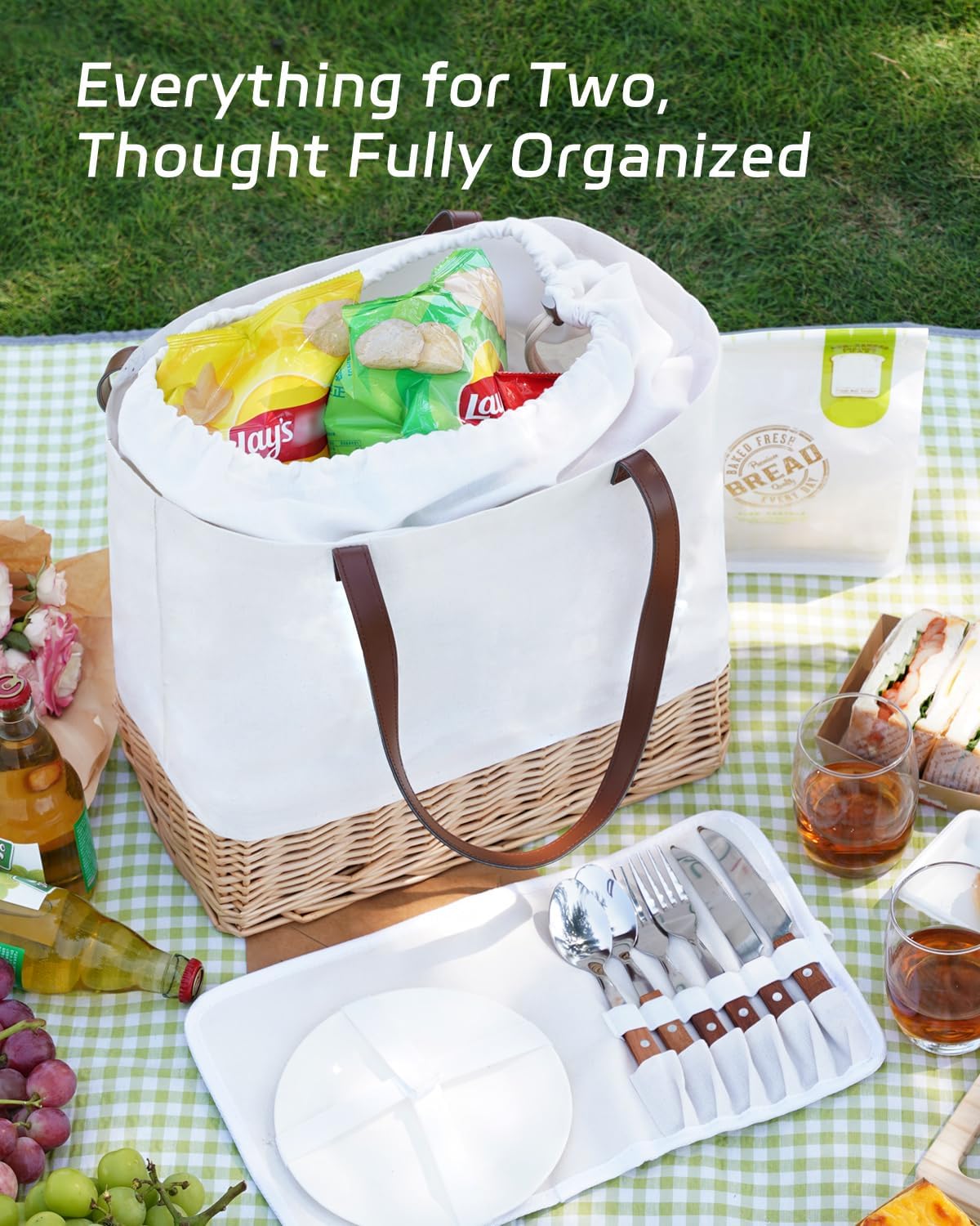 Wicker Picnic Basket for 2 Person, Folding Rattan Set, White image 2