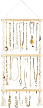 Dahey Hanging Jewelry Organizer Macrame Necklace Holder with 30 Hooks Wall Mounted Jewelry Hanger Over Door Necklace Rack with Tassel for Necklace Bracelet Earring Headband Bow Organizer