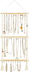 Dahey Organizador de joias para pendurar, suporte de colar de macramê com 30 ganchos montado na parede, suporte para colar sobre porta, suporte para colar, pulseira, brincos, faixa de cabeça,