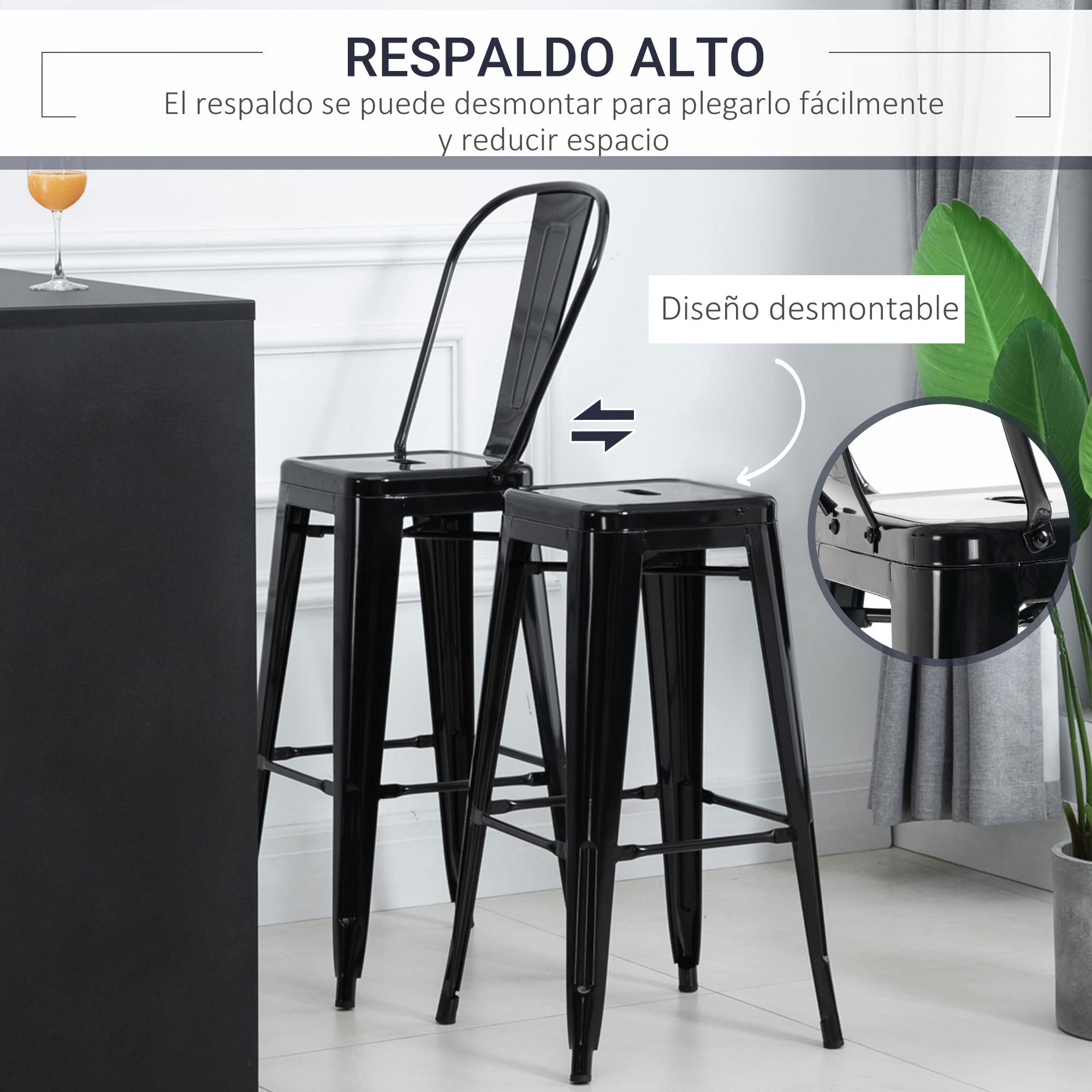 HOMCOM Juego de 4 Taburetes de Bar con Respaldo Alto 44x46x116 cm Negro | Silla de Comedor de Metal, con Reposapiés, para Comedor, Carga 120 kg