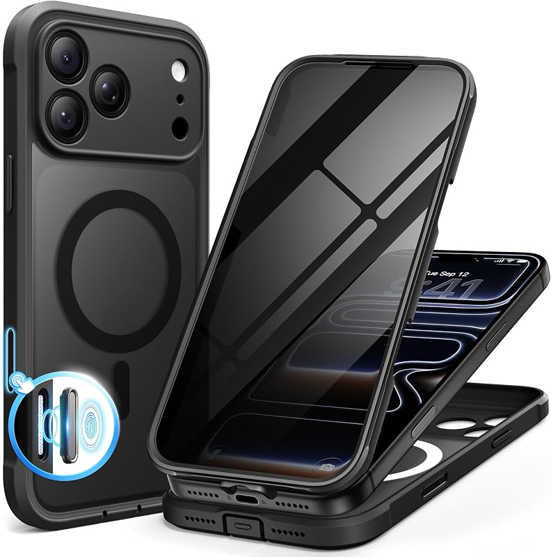 for iPhone 17 Pro Max Case, Compatible with Magsafe, Black | Built-in Privacy Screen Protector, Full Camera Protection, Shockproof Full Body Translucent Matte Magnetic Phone Case 6.9"