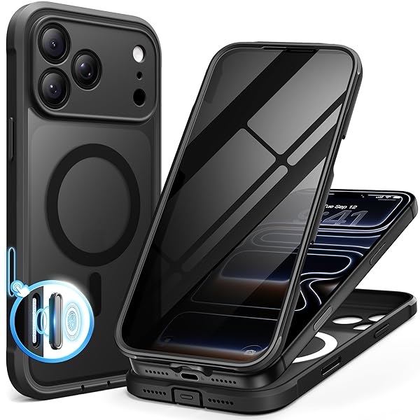 BERFY for iPhone 17 Pro Max Case, Compatible with MagSafe, Built-in Privacy Screen Protector and Camera Protection, Anti-Spy Full Body Shockproof Translucent Matte Phone Case for 17 Pro Max 6.9",Black