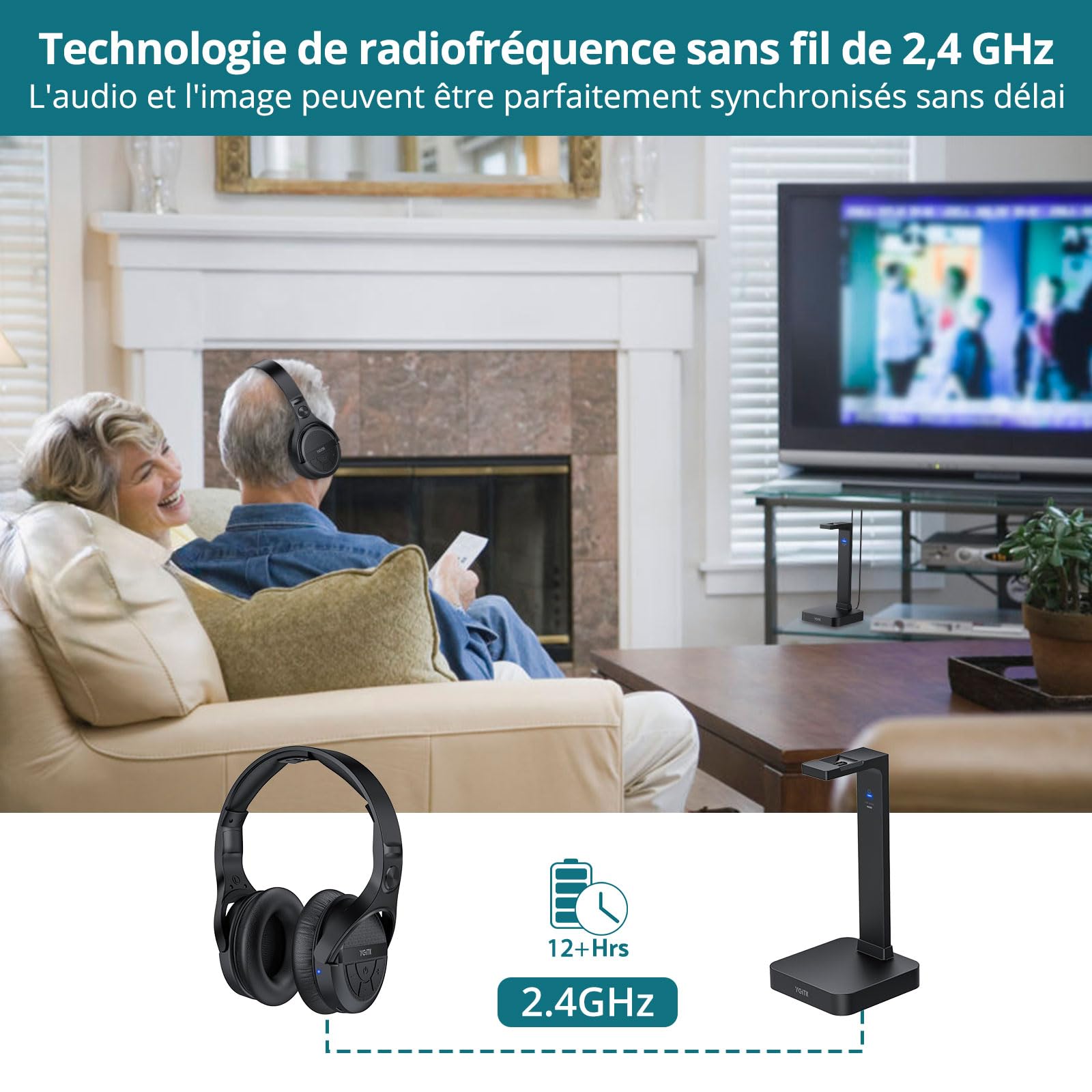 Casque TV sans Fil avec 2.4GHz RF Chargement de l'Émetteur Casque Audio sans Fil Casque Hi-FI Écouteurs Casque Supra-auriculaire avec Numérique Optique Port de Sortie AUX/3,5mm/RCA