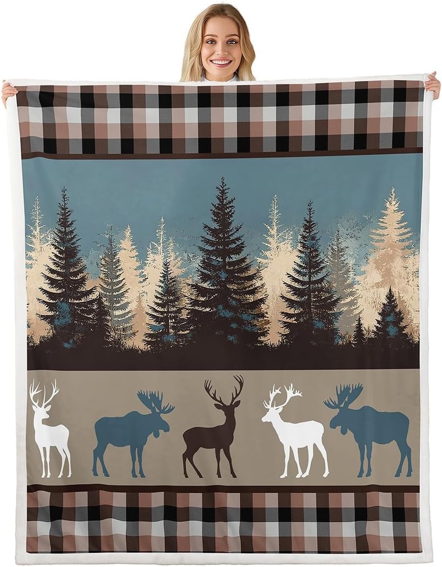Rustic Deer Blanket 90"x90",Moose Patchwork Throw Blanket for Kids Teens Adult,Checkered Buffalo Plaid Fleece Blanket Woodland Wildlife Blanket Pine Trees Lodge Cabin Farmhouse Decor,Brown