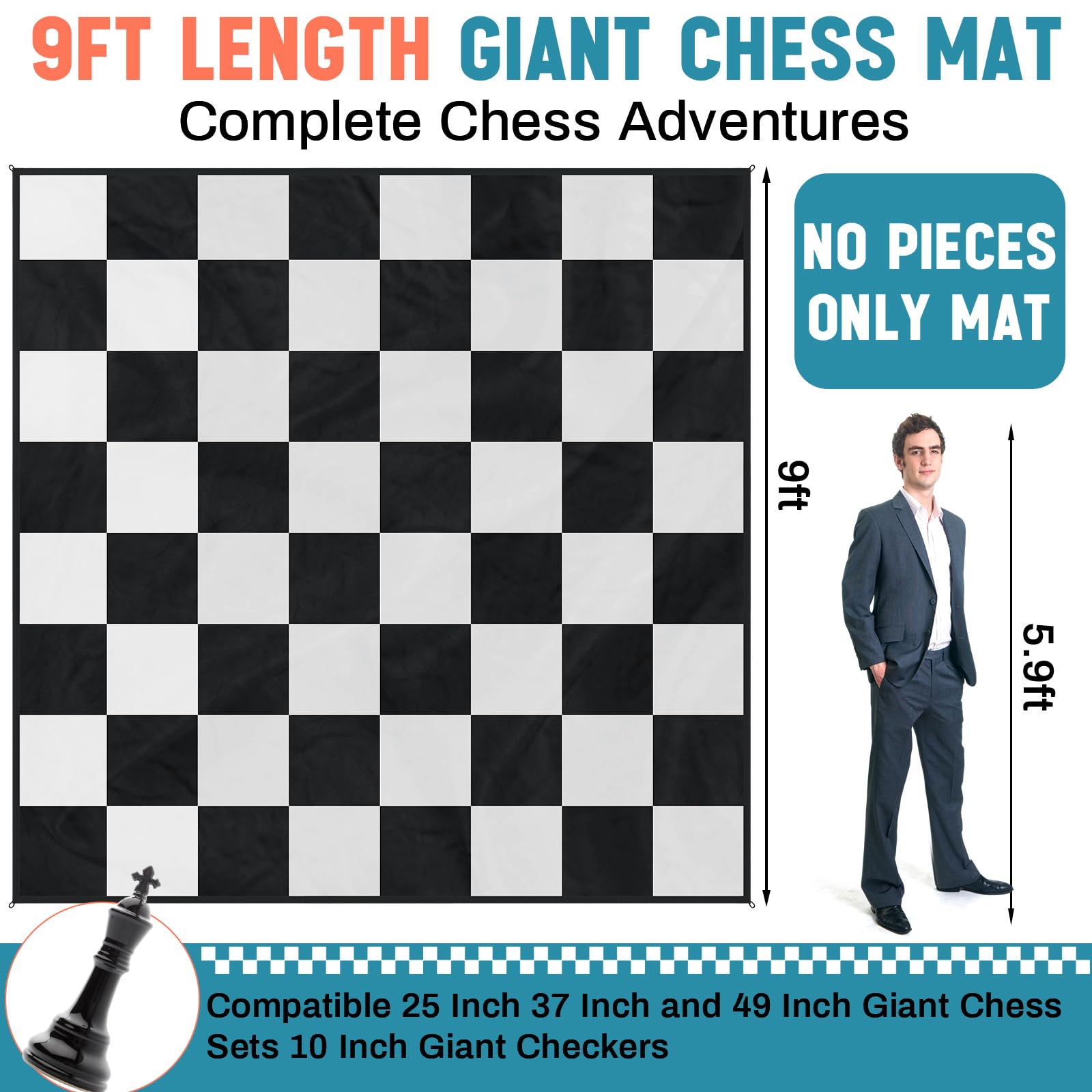 Tappetino gigante da gioco di scacchi da 2,7 x 2,7 m, in nylon, per esterni, con 4 chiodi a terra e borsa portaoggetti, compatibile con set di scacchi giganti da 63 cm, 94 cm e scacchi giganti