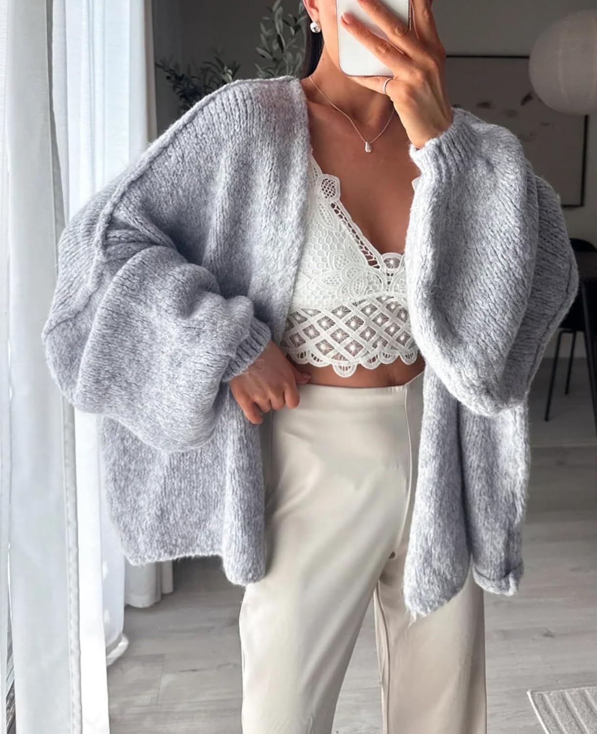 Womens Oversized Chunky Cardigan Lantern Sleeve Open Front Loose Fall Slouchy Sweater Coats - Image 4