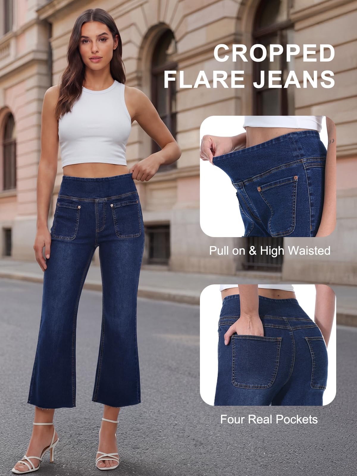 Vaqueros Mujer, Crop Pantalones Jeans Mujer Elásticos Acampanado y Cintura Alta Tejanos Holgados de Pierna Ancha