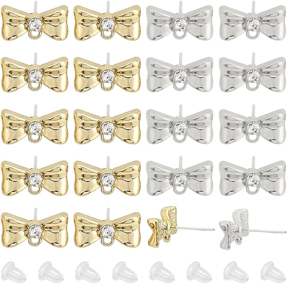 SUNNYCLUE 1 Box 50Pcs Bow Earring Posts Stud Earring Findings 20Pcs Alloy Rhinestone Bowknot Ear Studs with 30Pcs Plastic Ear Nuts 925 Sterling Silver Pins for Jewelry Making Accessories DIY Crafts