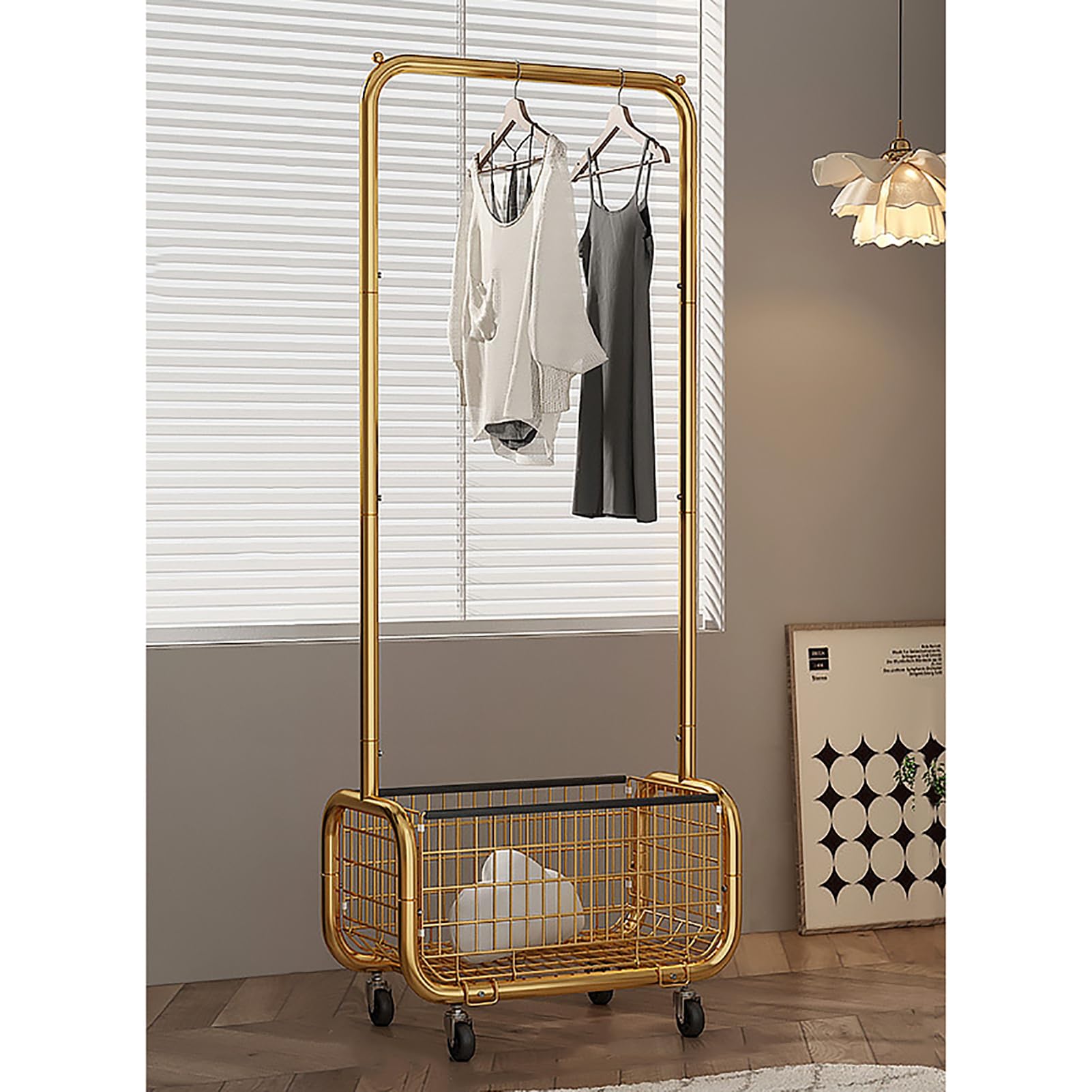 Appendiabiti in metallo con ruote, cesto portaoggetti in lino, supporto regolabile da appendere per armadio della camera da letto (60 x 37 x 165 cm) – soluzione elegante e funzionale per il guardaroba