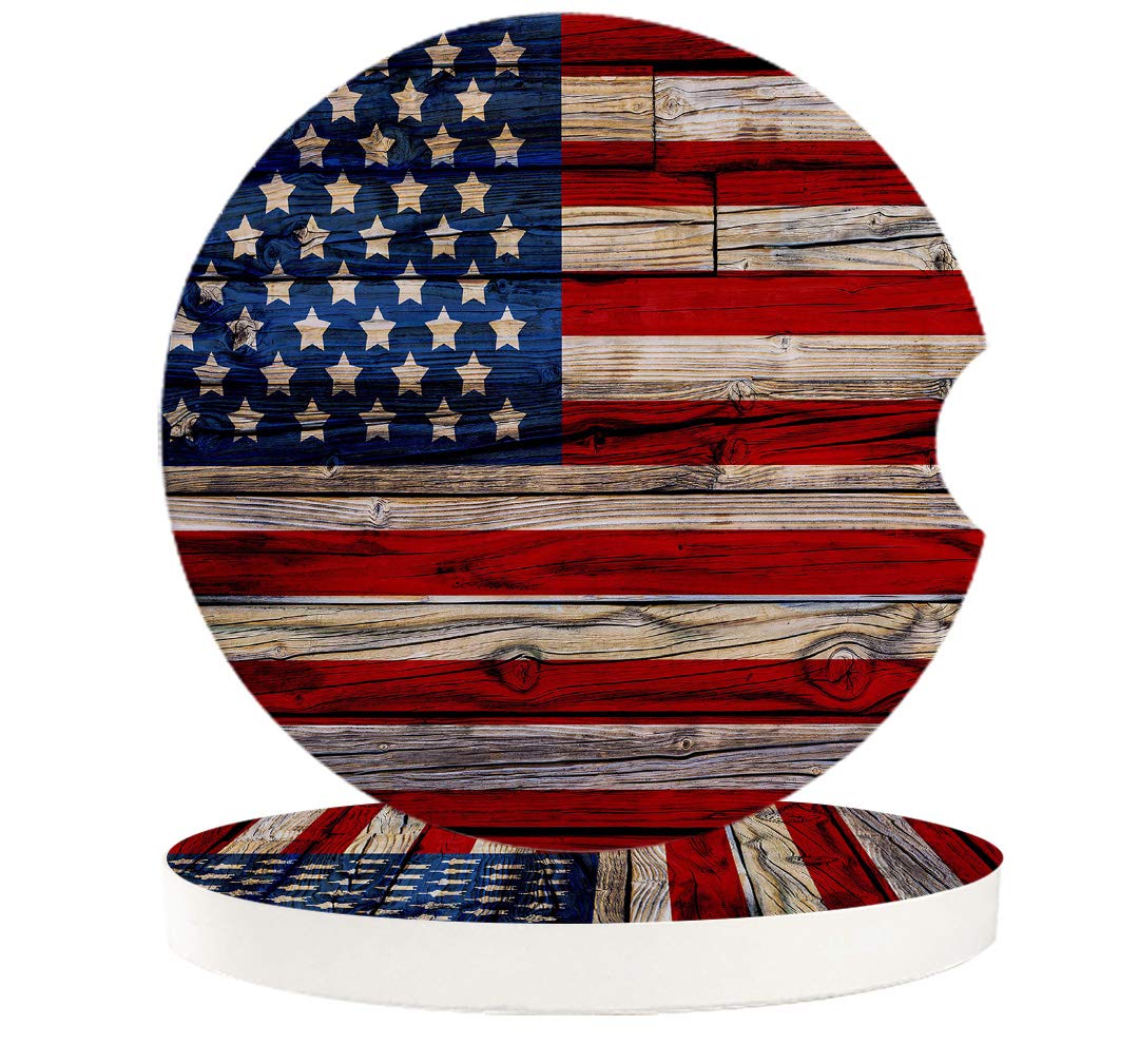 Absorbent Car Coasters for Cup Holders 4th of July Vintage American Flag Coasters, Small 2.56inch Ceramic Stone Drink Coaster for Women Men Auto, Set of 4 Pack, Independence Day Memorial Day Gift