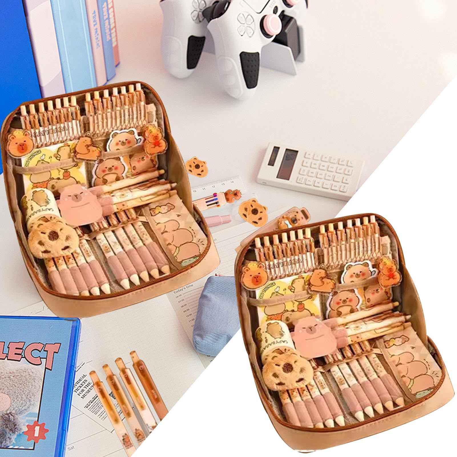 Simpatico set di cancelleria Capybara, organizer per penne per studenti, grazioso astuccio con penne, clip, righelli e altro, multi scomparti, organizer per matite con ampia apertura, per ufficio