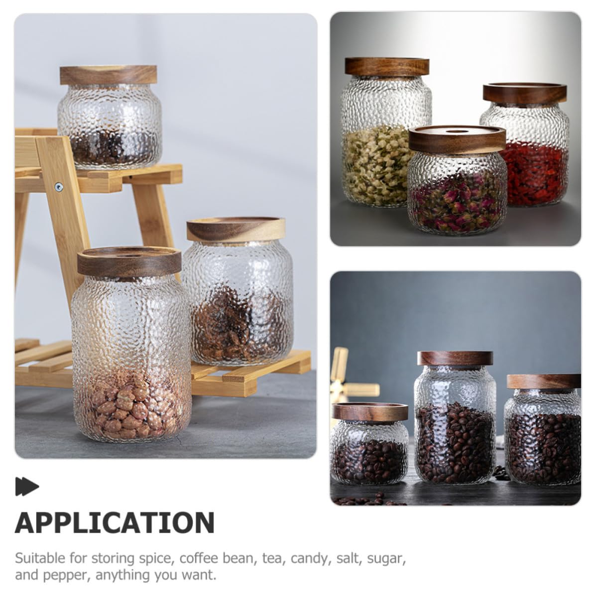 Tarros Herméticos Capacidad 350ml, 500ml y 700ml Juego de 3 de Vidrio con Tapa de Madera de Acacia Recipientes Multipropósito para Almacenamiento de Café y Té