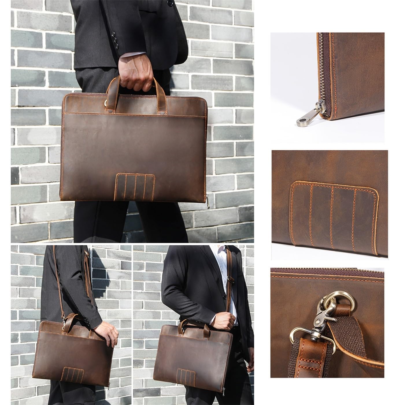 Portadocumenti in pelle for notebook 14 pollici, con maniglia e zip