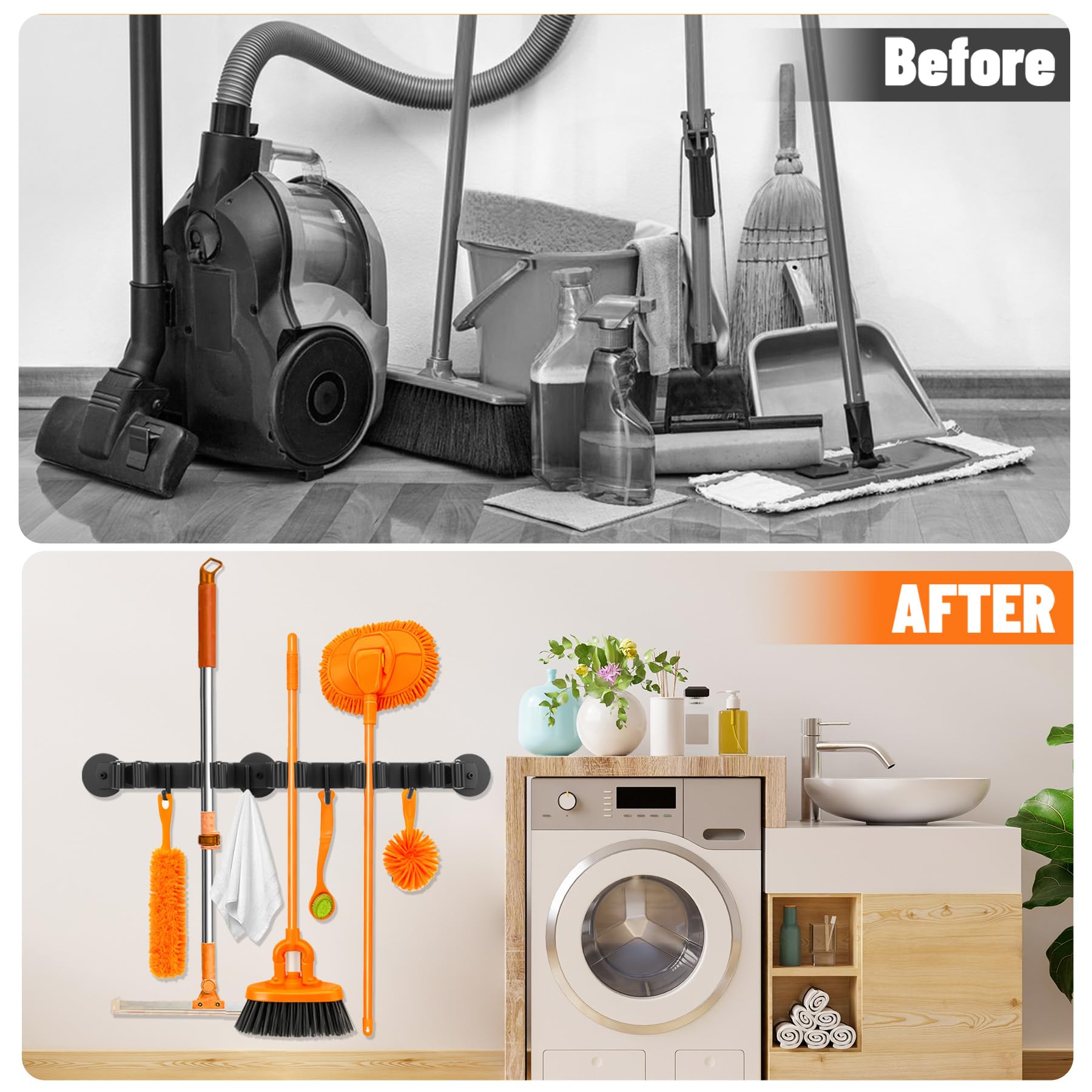 Magnetic Broom Holder - Wall Mount with 4 Hooks -4 Magnetic Broom Holder - Wall Mount with 4 Hooks -4