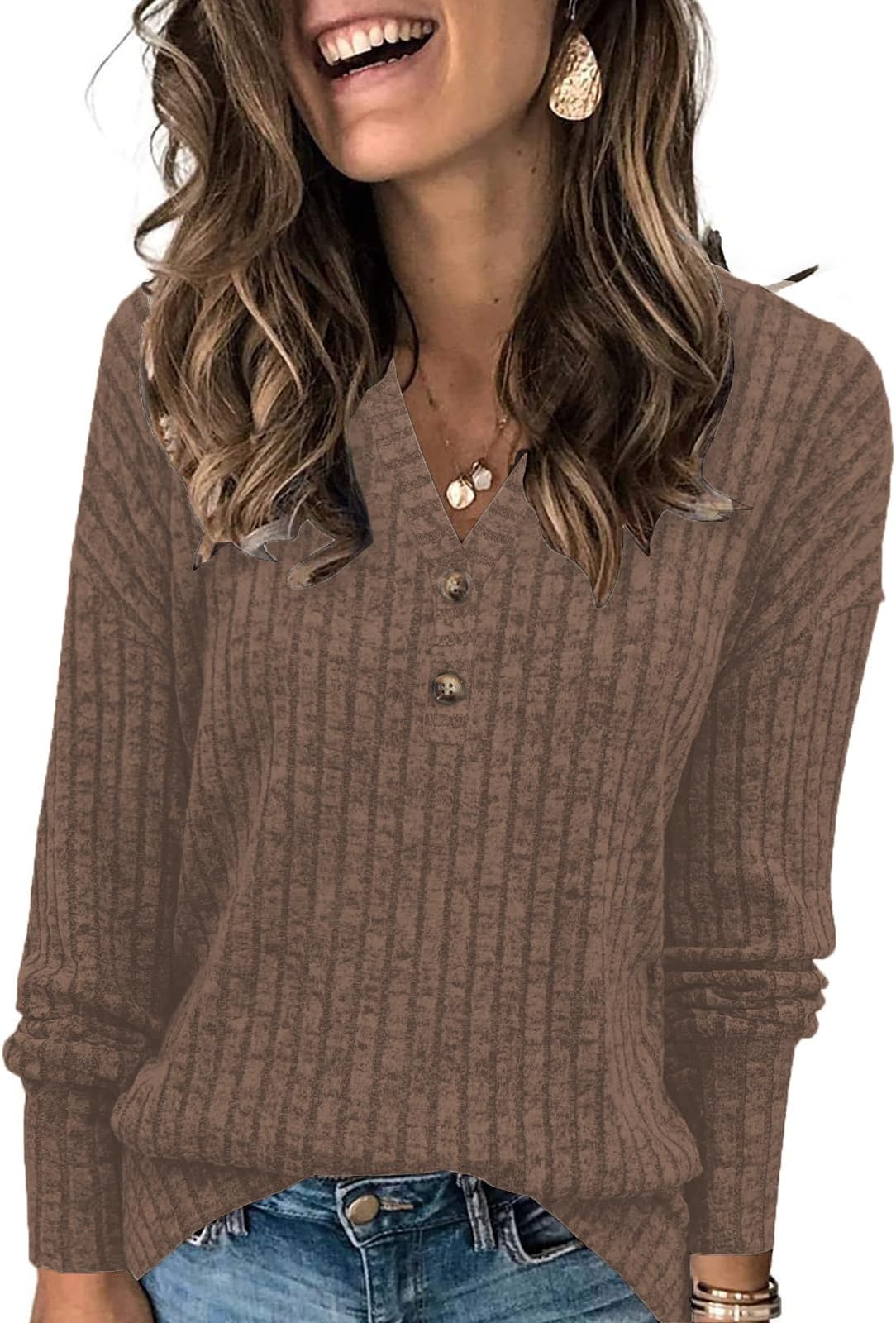 Womens Lightweight Sweaters Button Down Fall Long Sleeve Pullover Shirts Business Casual Tunic Tops