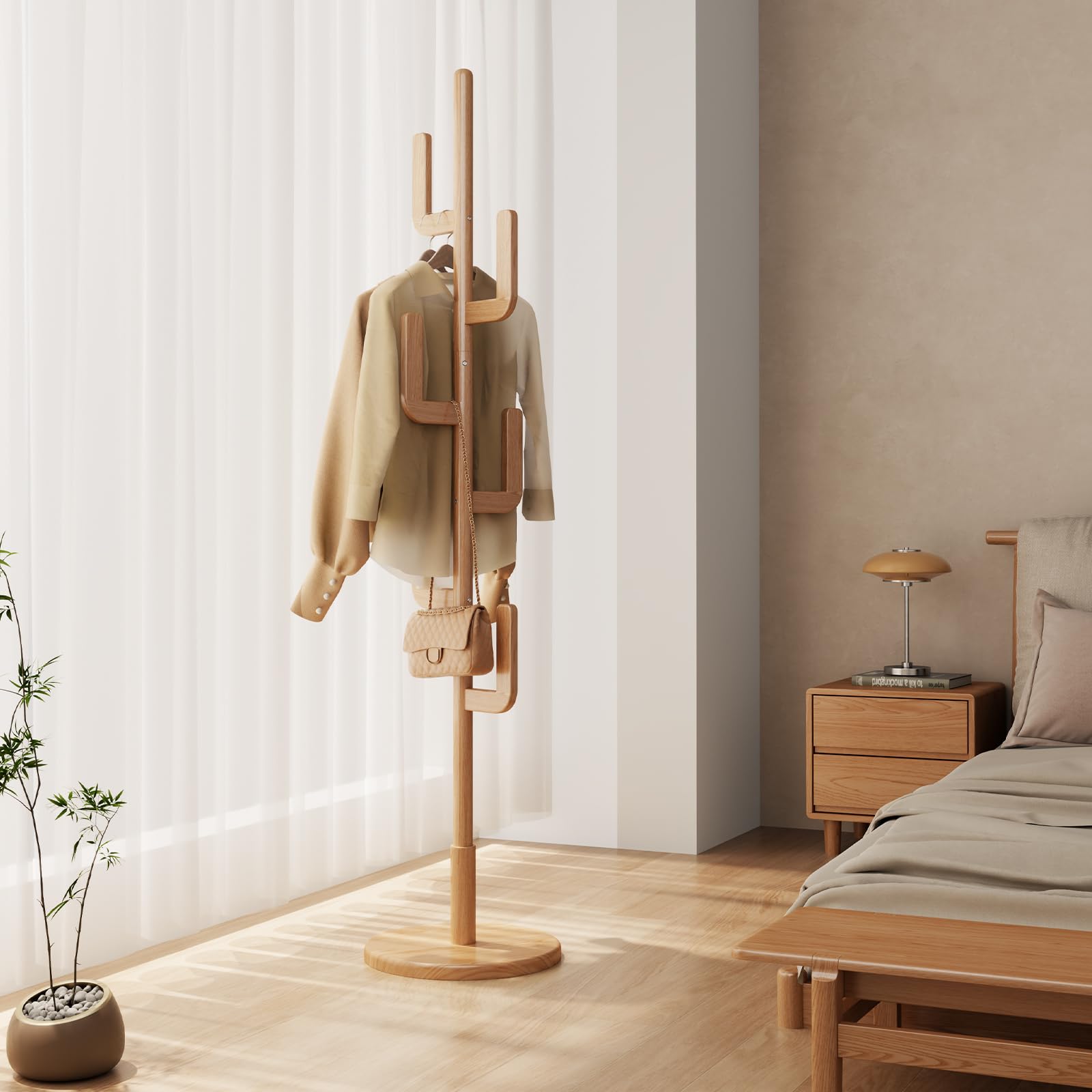 AQIMUELE Coat Stand, Woodem Coat Rack Stand - Cactus Design with 6 Hooks, Sturdy and Easy Assembly for Hallway Entryway, Hat Stand for Clothes (Wood Color)