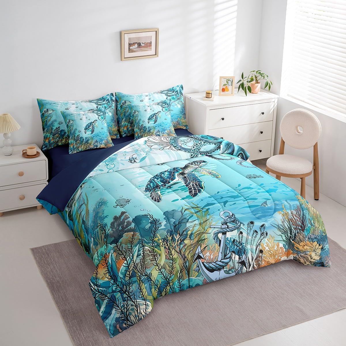 Feelyou Sea Turtle Bedding Set Twin Size 7 Pieces Ocean Creature Anchor Decor Marine Animals Comforter Set Summer Blue Coastal Themed Bed in a Bag with Comforter, Sheets, Pillowcases & Cushion Cover