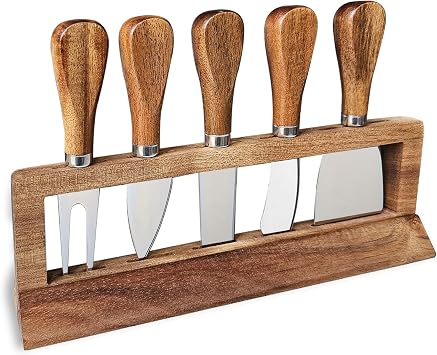 Linwnil 5-Piece Wood Cheese Knife Set with Wood Knife Block for Charcuterie Board,Charcuterie Boards Accessories Charcuterie Utensils Tools DJ-2