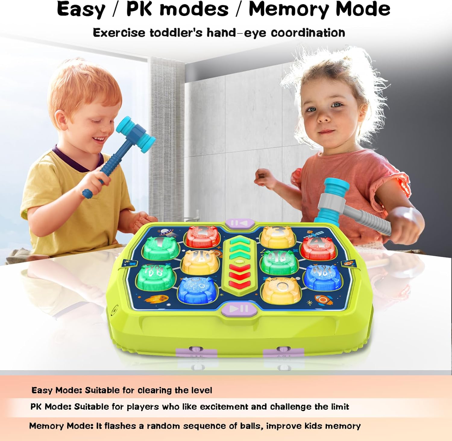 Toddlers Toys Age 3-8, Hammer Mole Game Toys for 3 4 5 6 7+ Year Old Boys with 3 Modes,Interactive Toddler Boy Girl Toys with 2 Hammers, Sound & Light, Birthday Xmas Gift for 3-10 Year Old Boys Girls
