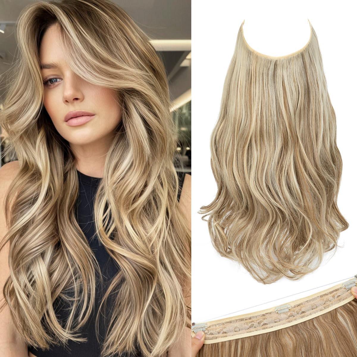 SARLA Invisible Wire Hair Extensions with 3 Clips Short 14 Inch Synthetic Wavy Curly Hairpiece for Women Adjustable Transparent Headband Bahama Beige