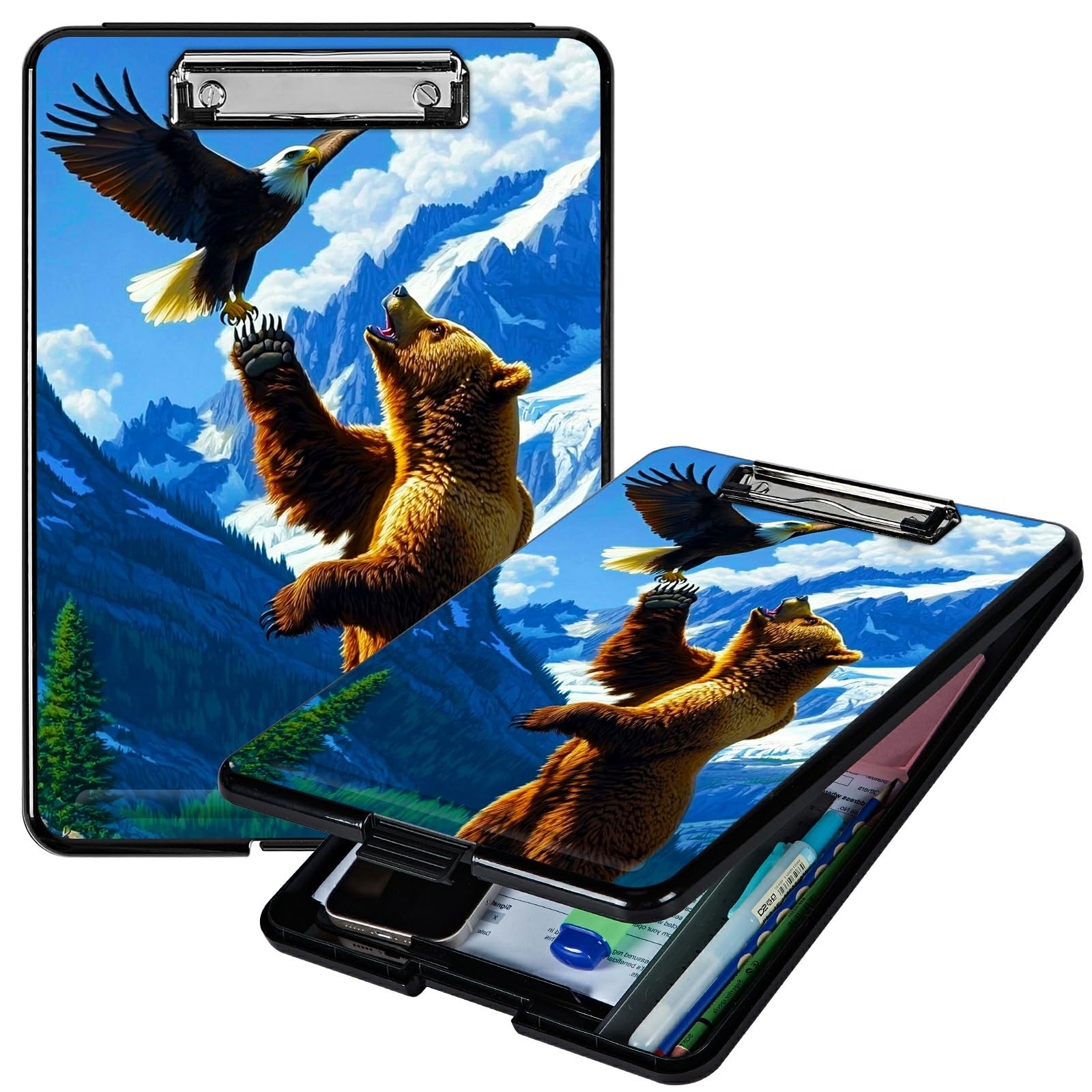 RWUTYTIUL Bear and Eagle A4 Clipboard with Storage Pen Holder, Clipboards Organizer Nursing Clipboard Foldable File Folder Plastic Clipboard Folio Clip Board for Office Students Classroom Doctor — image 1