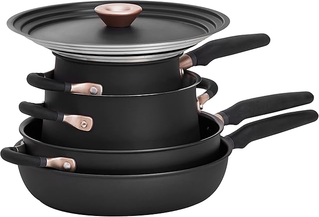 Meyer Accent Induction Hob Pan Set Non Stick - 6 Piece Stackable Pots and Pans Set with Universal Lids & Anti Spill Shape, Black, Stainless Steel & Non Stick