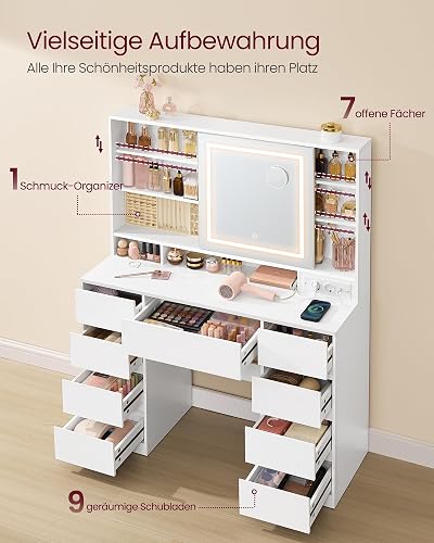 VASAGLE Kailyn Collection RDT137W01 Dressing Table with Mirror and LED Lights, Power Strip, 9 Drawers, 10x Magnifying Mirror, 3 Light Colours, Adjustable Shelves, Cloud White - 3