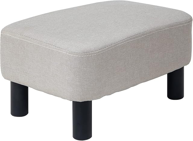 IBUYKE 16.54" Small Footstool Linen Fabric Pouf Ottoman Footrest Modern Home Living Room Bedroom Rectangular Stool, with Padded Seat Pine Wood Legs, Linen RF-BD213-C
