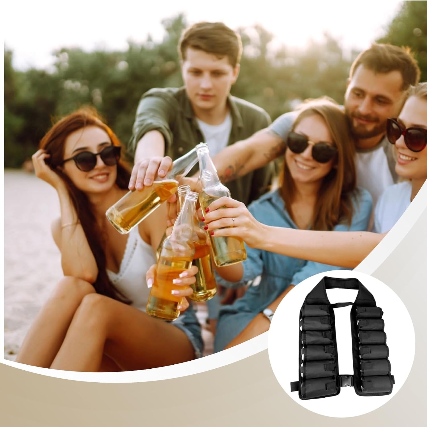 Tactical Beer Belt Holder Vest, 12 Can Beverage Holster Carrier, Adjustable Drink Dispenser Shoulder Sling, Black Nylon Party Gear with Quick Release Buckle