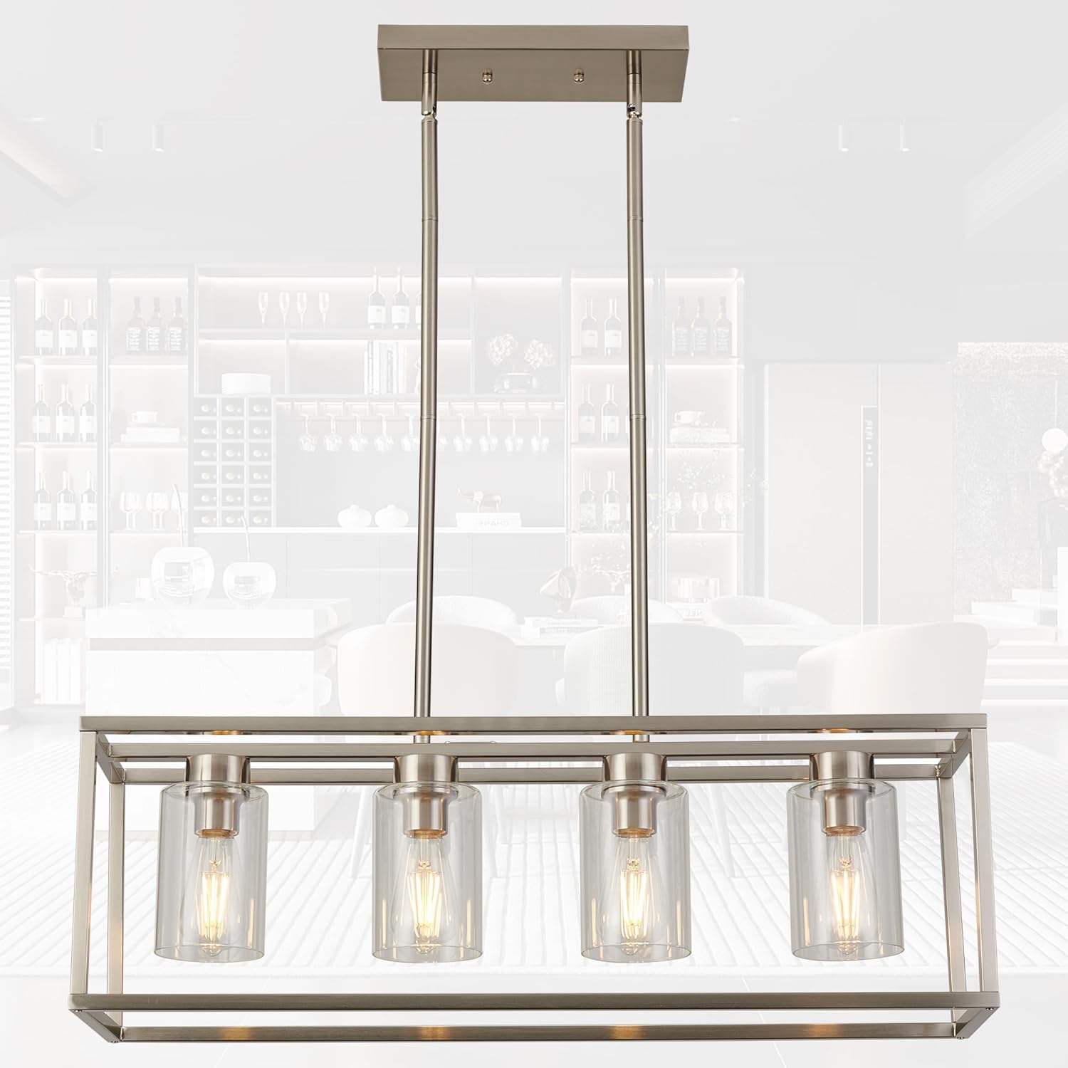 XILICON Brushed Nickel Dining Room Chandeliers Lighting Fixture Linear Pendant Modern 4-Light with Glass Shades Vintage Farmhouse Ceiling Light Hanging for Kitchen Island Cafe Bar
