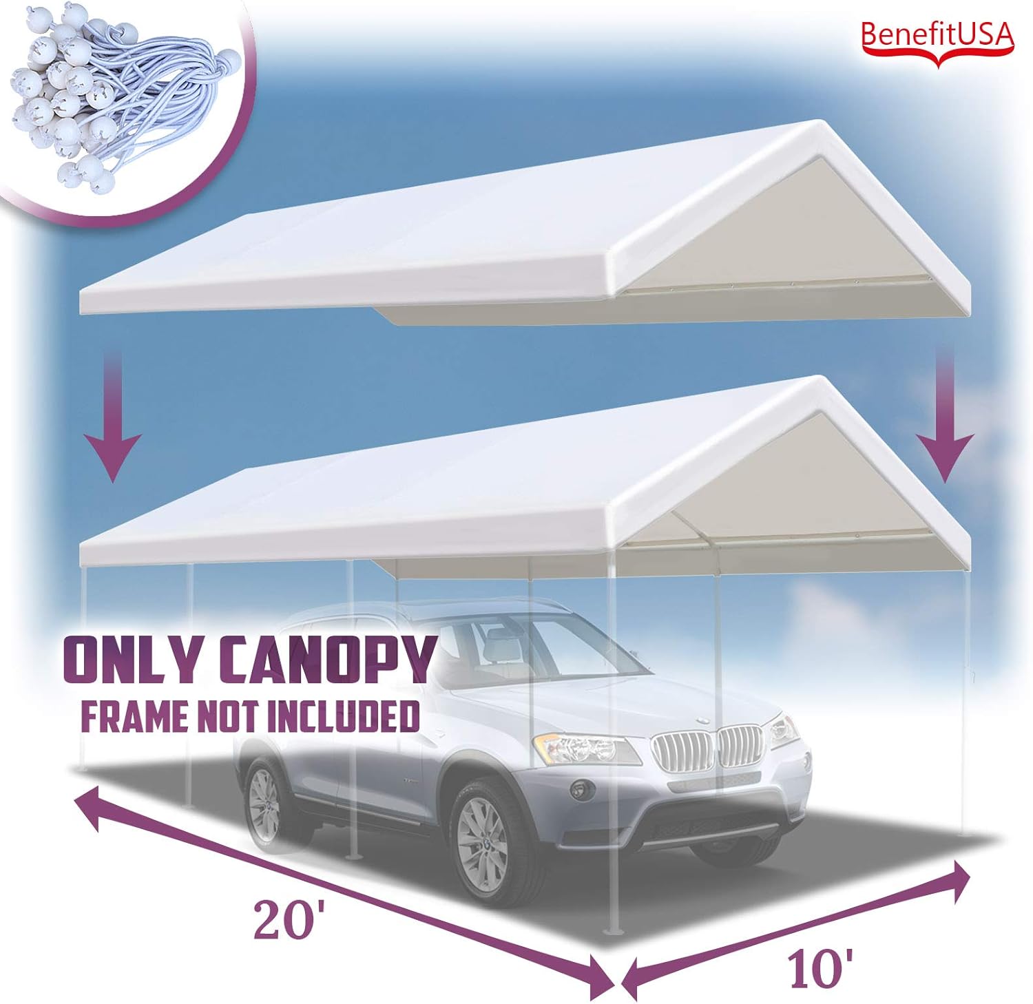 BenefitUSA 10x20 ft Carport Replacement Canopy Garage Top Cover Tent Shelter Tarp with Ball Bungee Cords, Canopy Only (w/Edge)