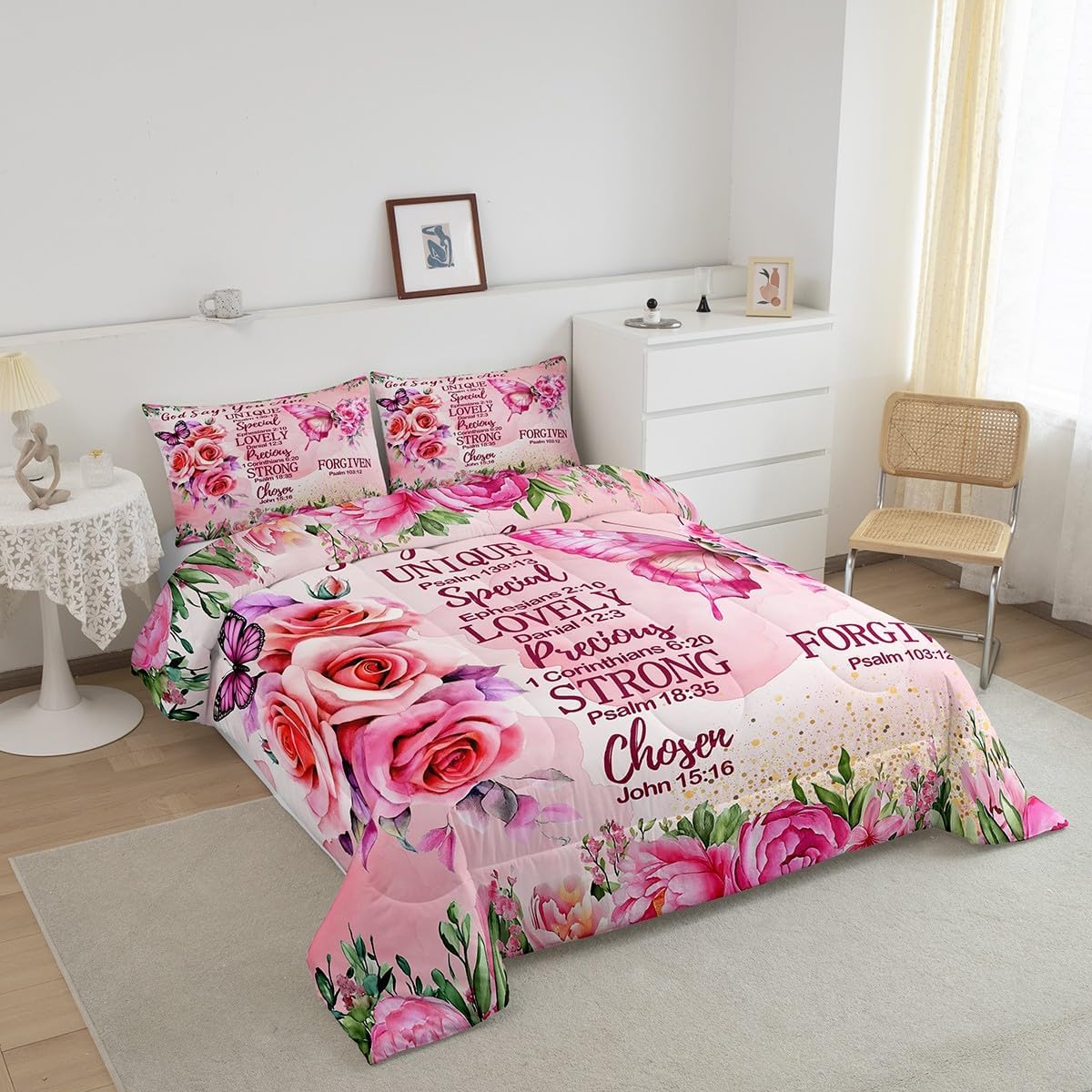 Erosebridal Pink Butterfly Bedding Set Twin Boho Girly Pink Floral Comforter for Girls Kids Women Inspirational Quotes Duvet Insert Bible Verse Colorful Bohemian Rose Flower Bed Sets