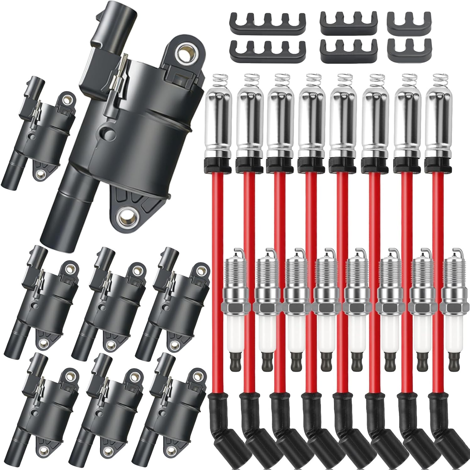 UF414 Round Ignition Coils Pack & Double Iridium Spark Plugs & 10MM Spark Plug Wires for Chevy Avalanche Express Tahoe Silverado Suburban 4.8 5.3 6.0 6.2L/GMC Savana Sierra Yukon/C-adillac Escalade