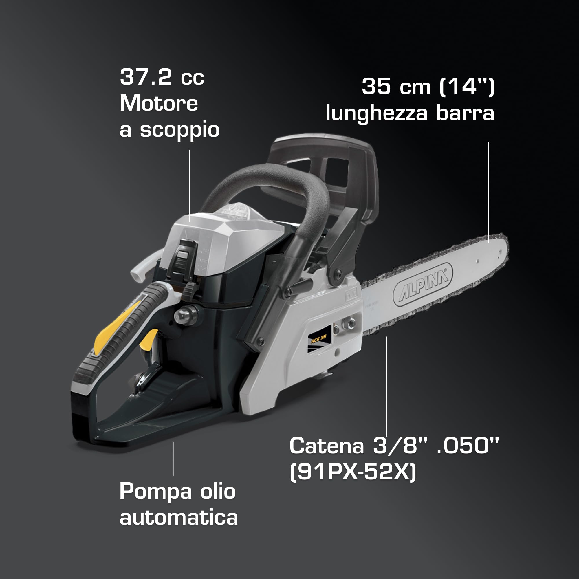 Alpina ACS 38 Motosega a Miscela, 37,2 cc, 35 cm – Easy Start, Pompa Olio Automatica – Potatura e Taglio Ceppi Domestico