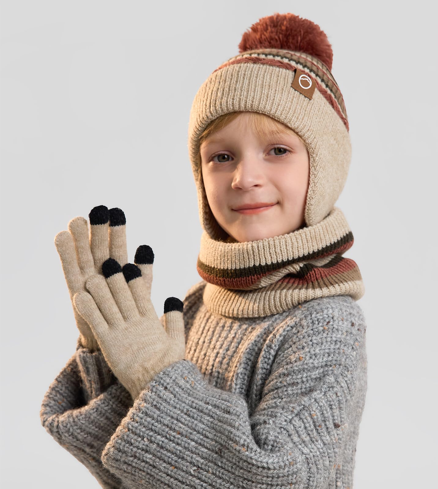 Ensemble Bonnet Écharpe Gants Hiver 3 en 1 Enfant, avec Cache-Oreilles & Doublure Polaire, Gants Tactiles - Lot Chaud Fille Garçon 4-10 Ans pour Ski et Froid