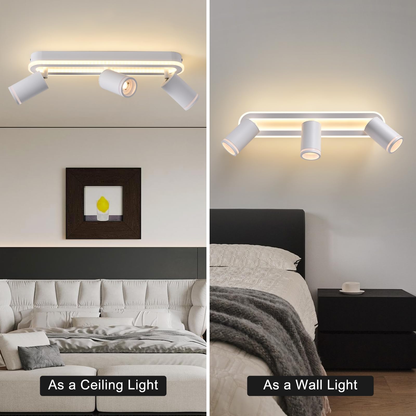 MYCUL LED Deckenstrahler 3 Flammig Schwenkbar 350°, Deckenleuchte mit unteres Glühen 27W+3x5W GU10 Spots,3000K Warmweiß Deckenspot strahler,Modern Deckenlampe Lampe,Spotleuchte für Küche,Flur-Weiß