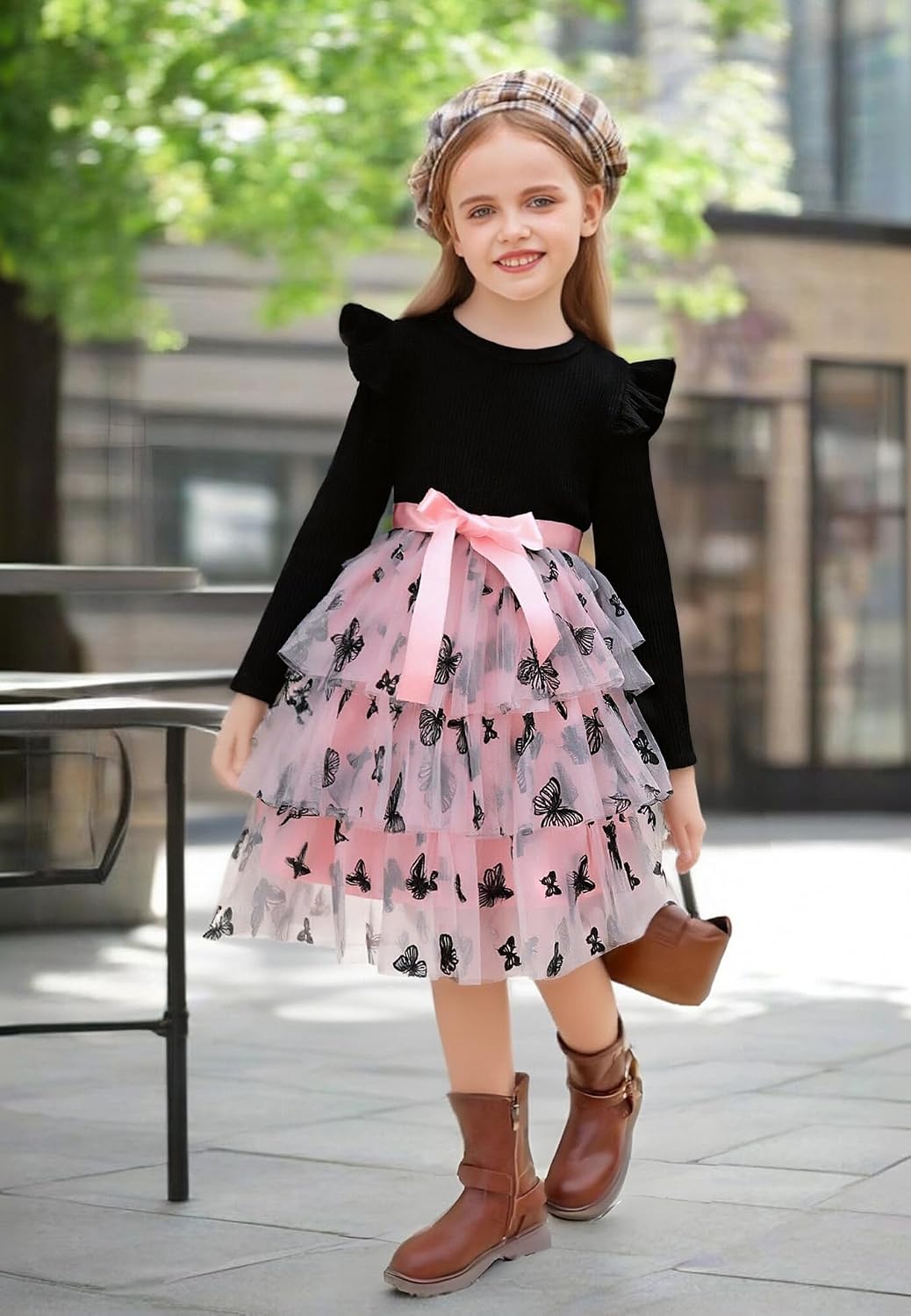 Toddler Dress Girls Ruffle Long Sleeve Layered Tulle Dress Fall Spring Fashion Party Dresses 2-6Y