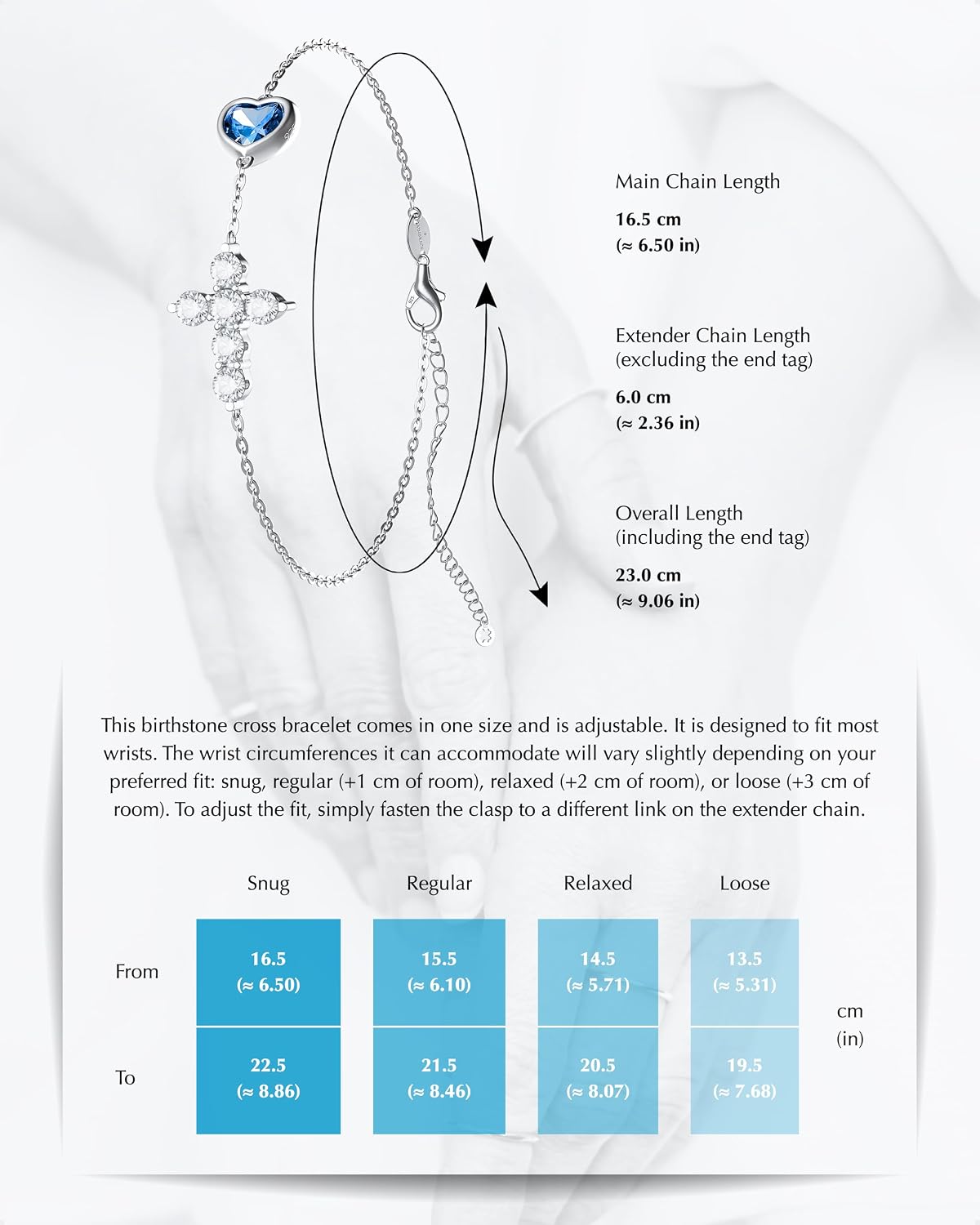 ÀIMBRACE Birthstone Bracelets for Women - Moissanite Cross Bracelet with Heart-Shaped Birthstone, 18K White Gold-Plated Solid 925 Sterling Silver with Rhodium-Plated Finish, Adjustable 16.5-22.5 cm