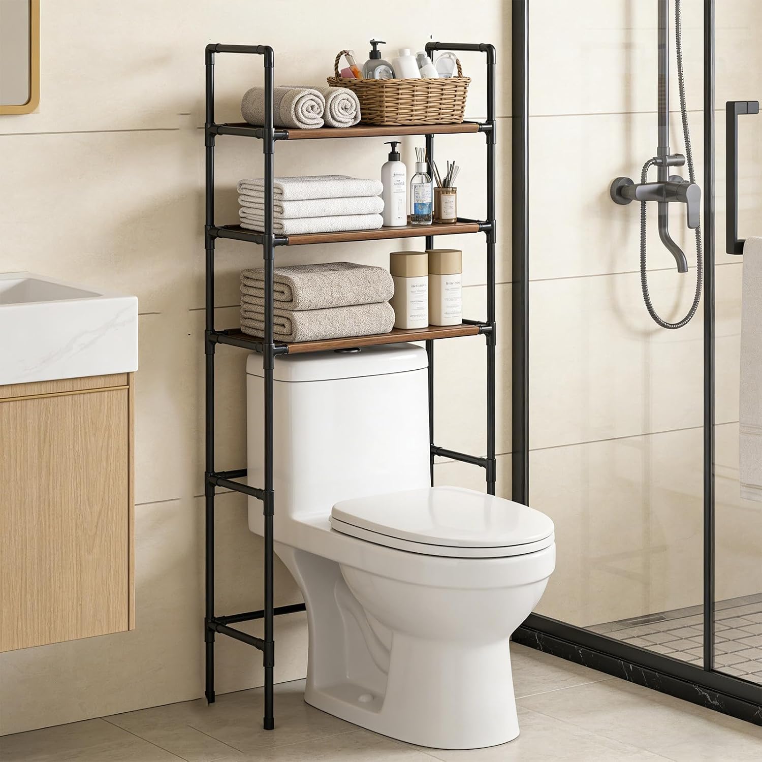 3 Layer Bathroom Shelves with Waterproof Coating Over The Toilet Storage Cabinet Freestanding Space Saver Bathroom Storage Over Toilet Organizer No Drilling Bathrooms Shelf (Black)