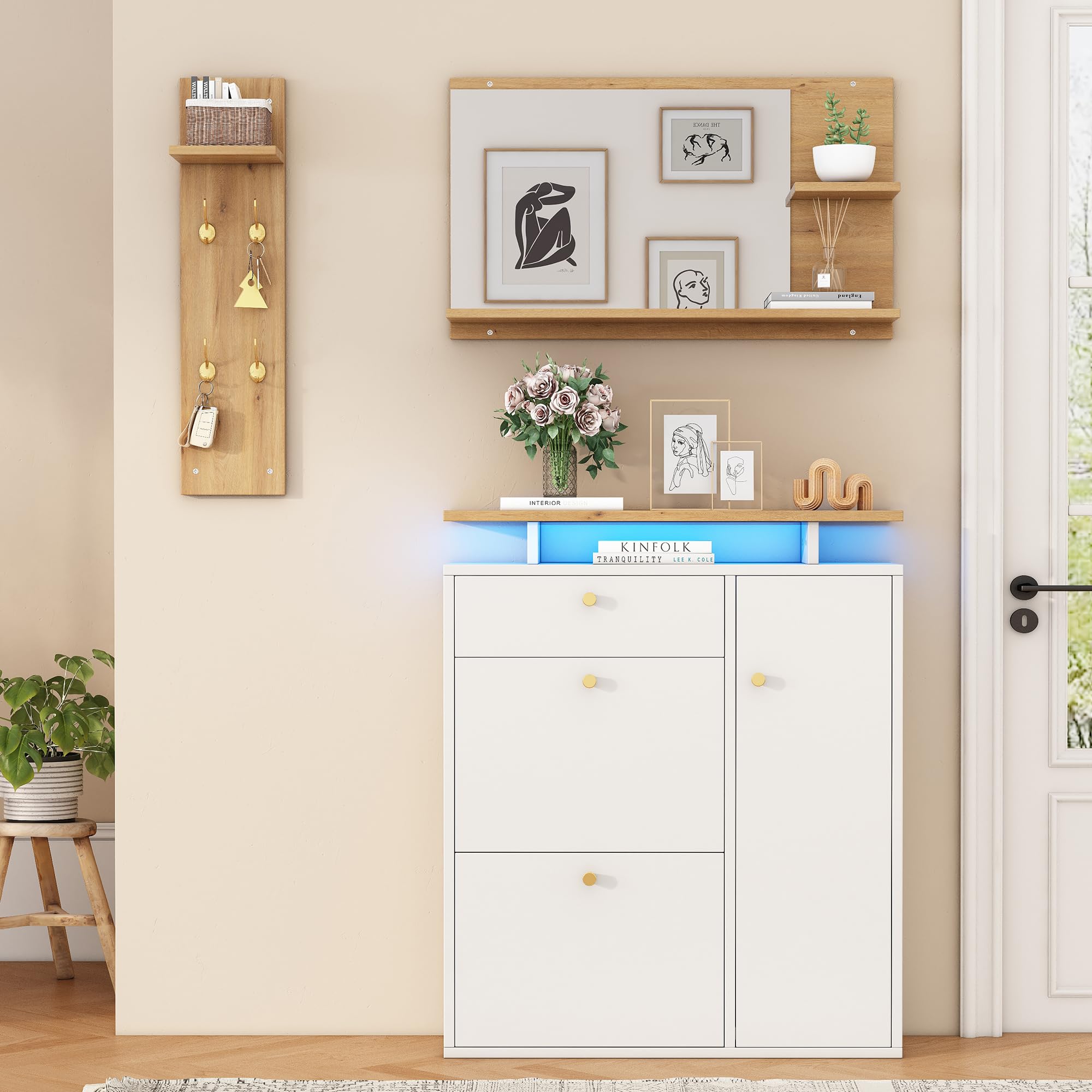 Generisch 3-teiliges Flur Garderoben Set mit LED, Spiegel & Schuhschrank