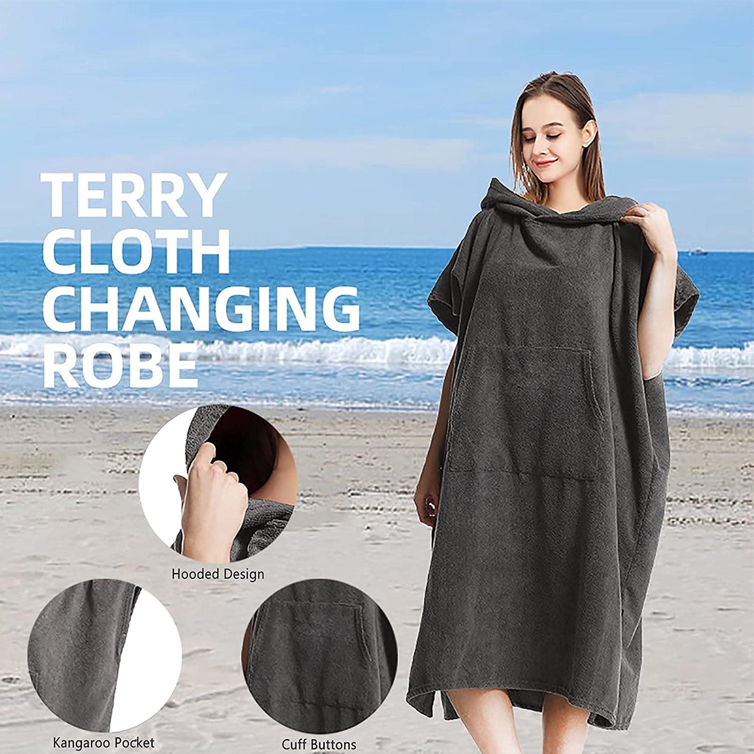 Poncho De Surf Poncho Playa Toalla Deportiva Poncho de surf para adultos, bata de cambio con capucha y bolsillo, traje de neopreno de microfibra grueso, cambiador de bata para playa, natación, surf L
