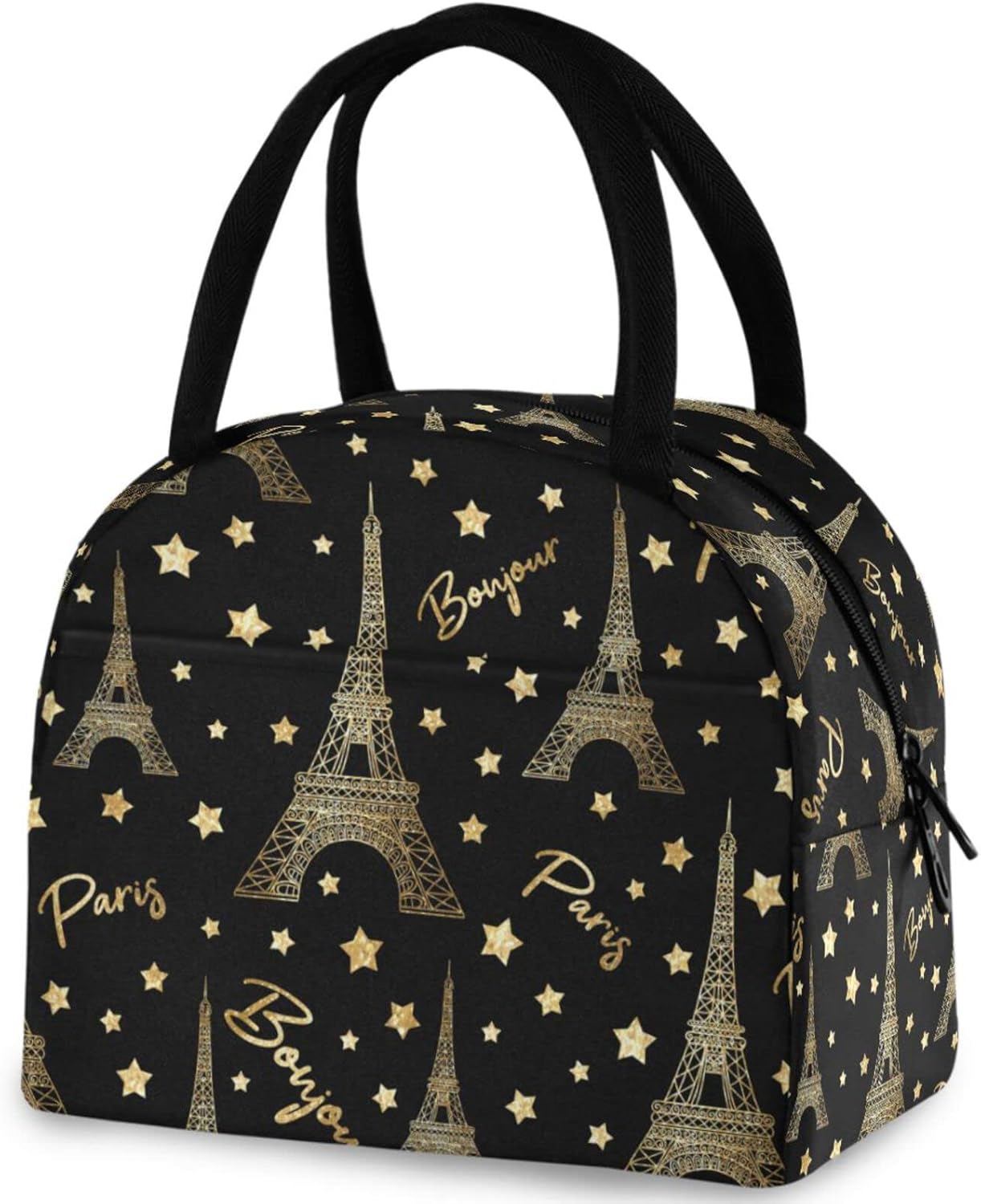 Stylish Golden Eiffel Tower Stars Pattren Reusable Lunch Hand Bag with Front Pocket Insulated Thermal Zipper Closure Cooler Container Bag for School Work Picnic Travel Fishing Beach