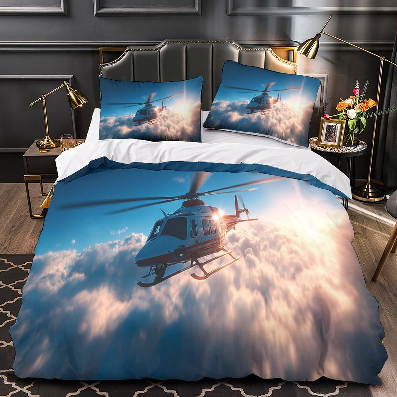 Housse de couette hélicoptère 3D 135x200cm avec taie pour lit simple