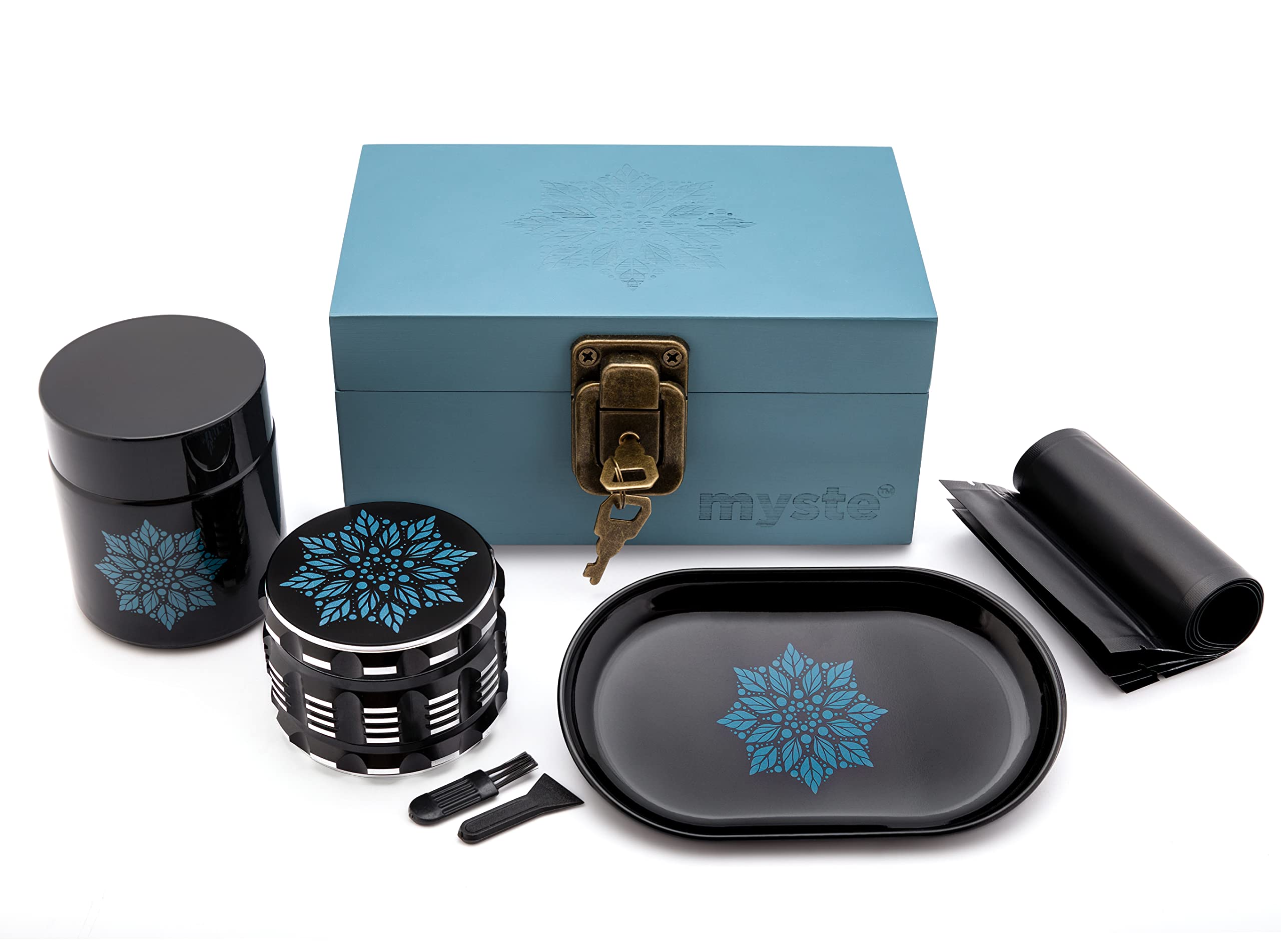 MYSTE BLUE MANDALA Scatola con Accessori, Grande Grinder 63 mm, Set a Prova di Odore, Macina Spezie Grande, Stash Box con Serratura