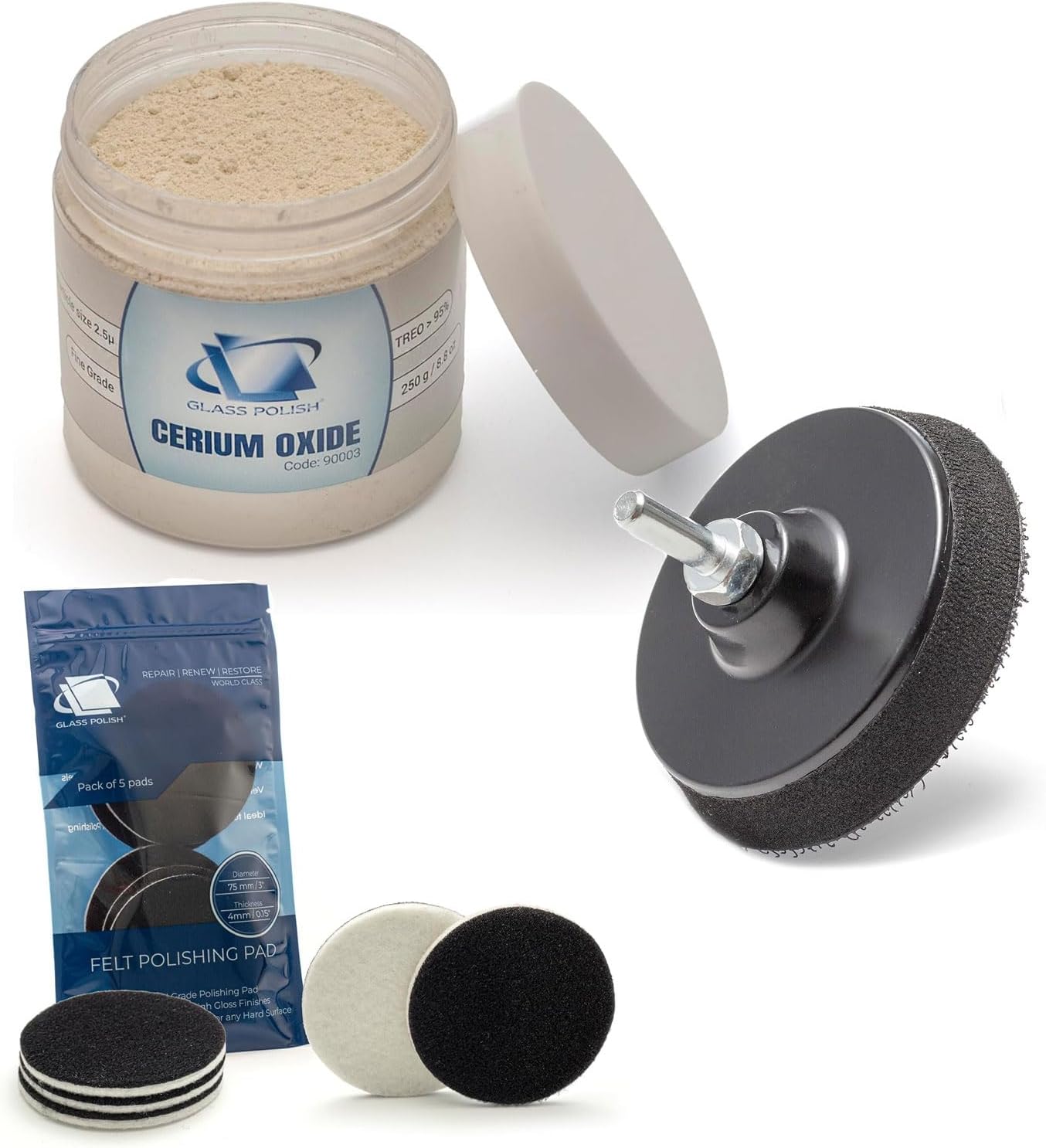 GLASS POLISH DIY Glass Polishing Bundle for Drill - Set of 8.8 oz Fine-Grade Cerium Oxide, 3" Felt Polishing Pads and 3" Backing Pad with Drill Attachment